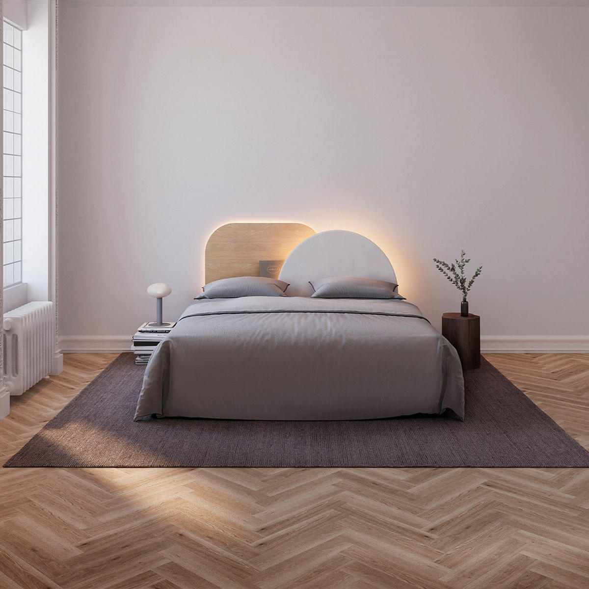 KOPFTEIL Alba mit Licht 140cm - Walnussfarben/Grau, Holz/Textil (140/60/14cm) - Woodendot
