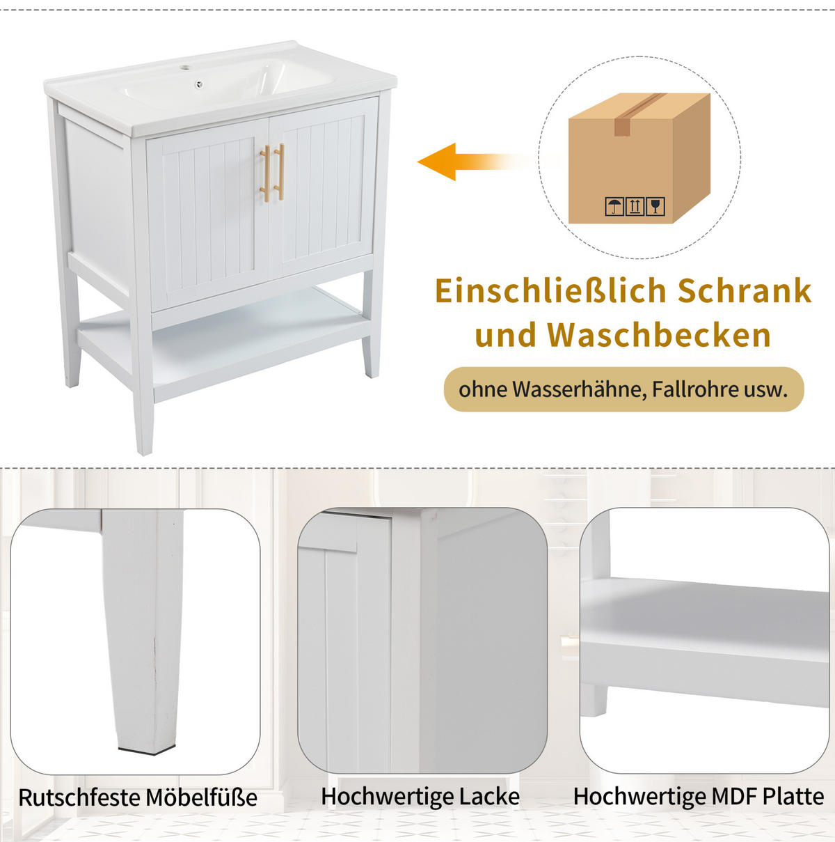 WASCHTISCH mit Unterschrank aus MDF 80x47x89 cm in Weiß, bodenstehend, pflegeleicht und mit Keramikbecken - Weiß, Holzwerkstoff (80/89/47cm) - Modfu