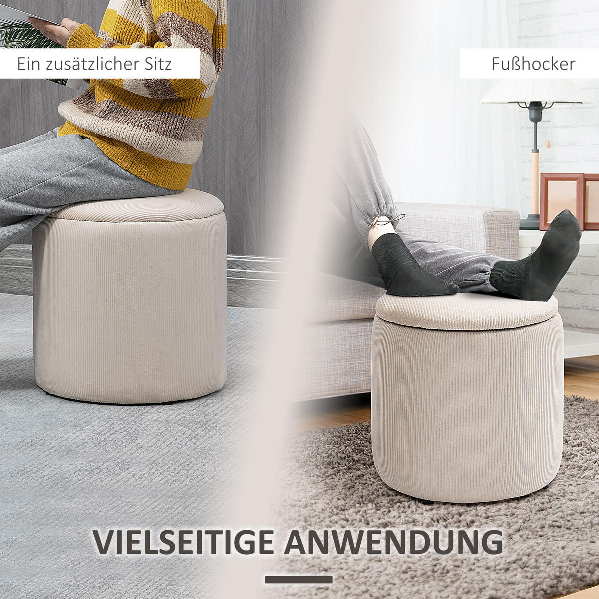 SITZHOCKER 2er-Set mit Stauraum Cremeweiß 40 x 40 x 41 cm - Weiß, Kunststoff (40/41/40cm) - HOMCOM