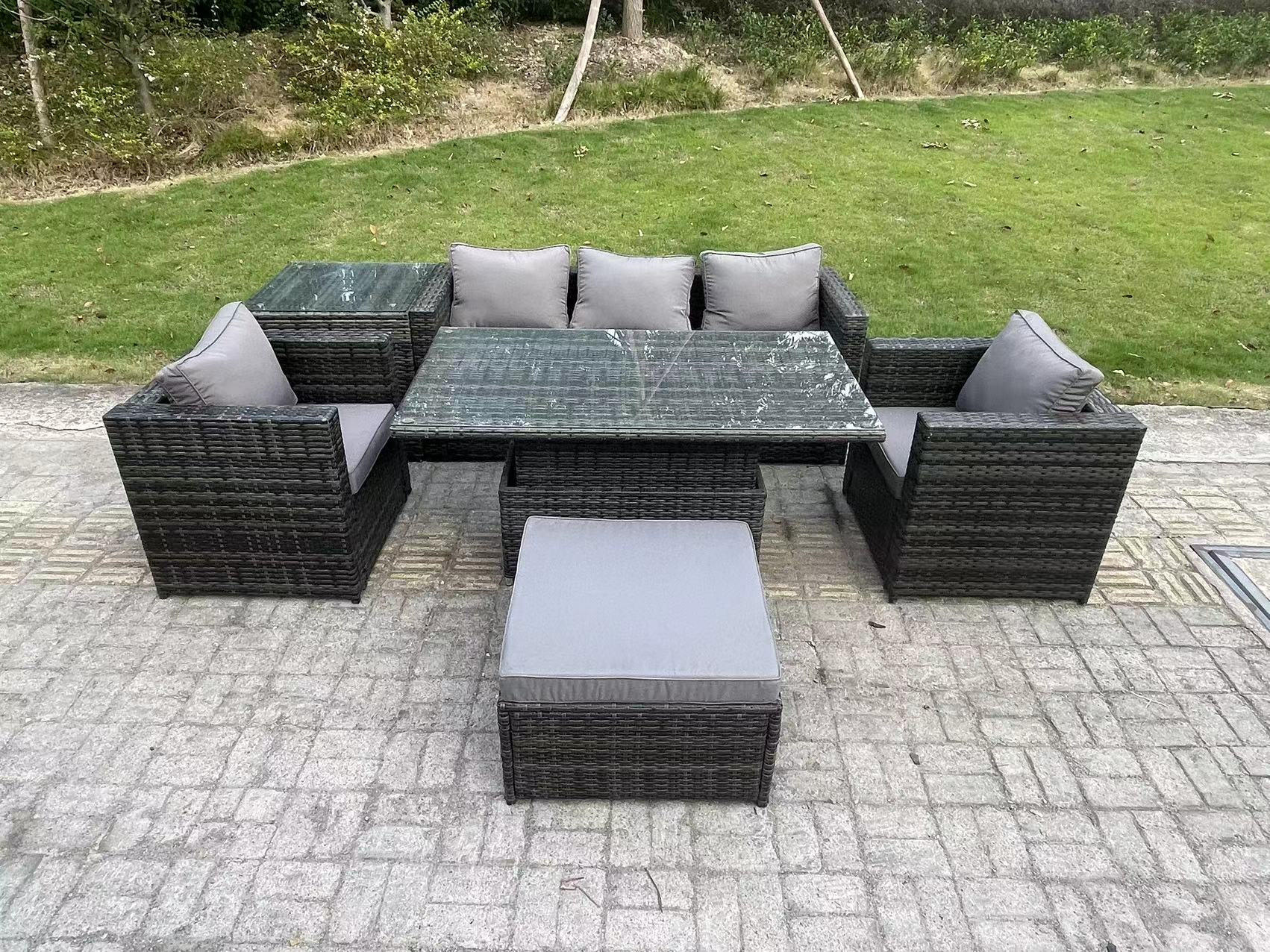 GARTENSOFA Hohe Rückenlehne Polyrattan 6-Sitzer - Dunkelgrau/Grau, Glas/Kunststoff - Fimous