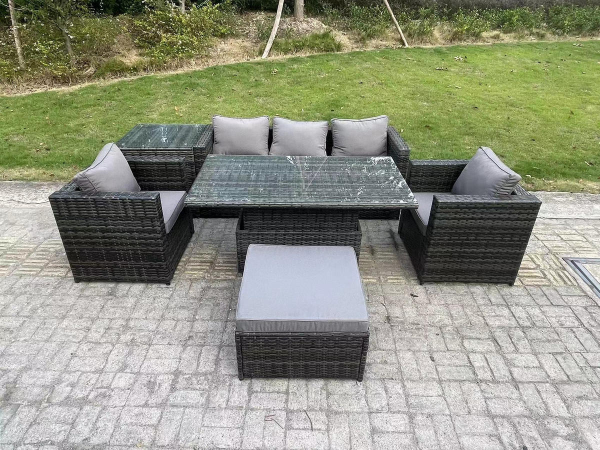 GARTENSOFA Hohe Rückenlehne Polyrattan 6-Sitzer - Dunkelgrau/Grau, Glas/Kunststoff - Fimous