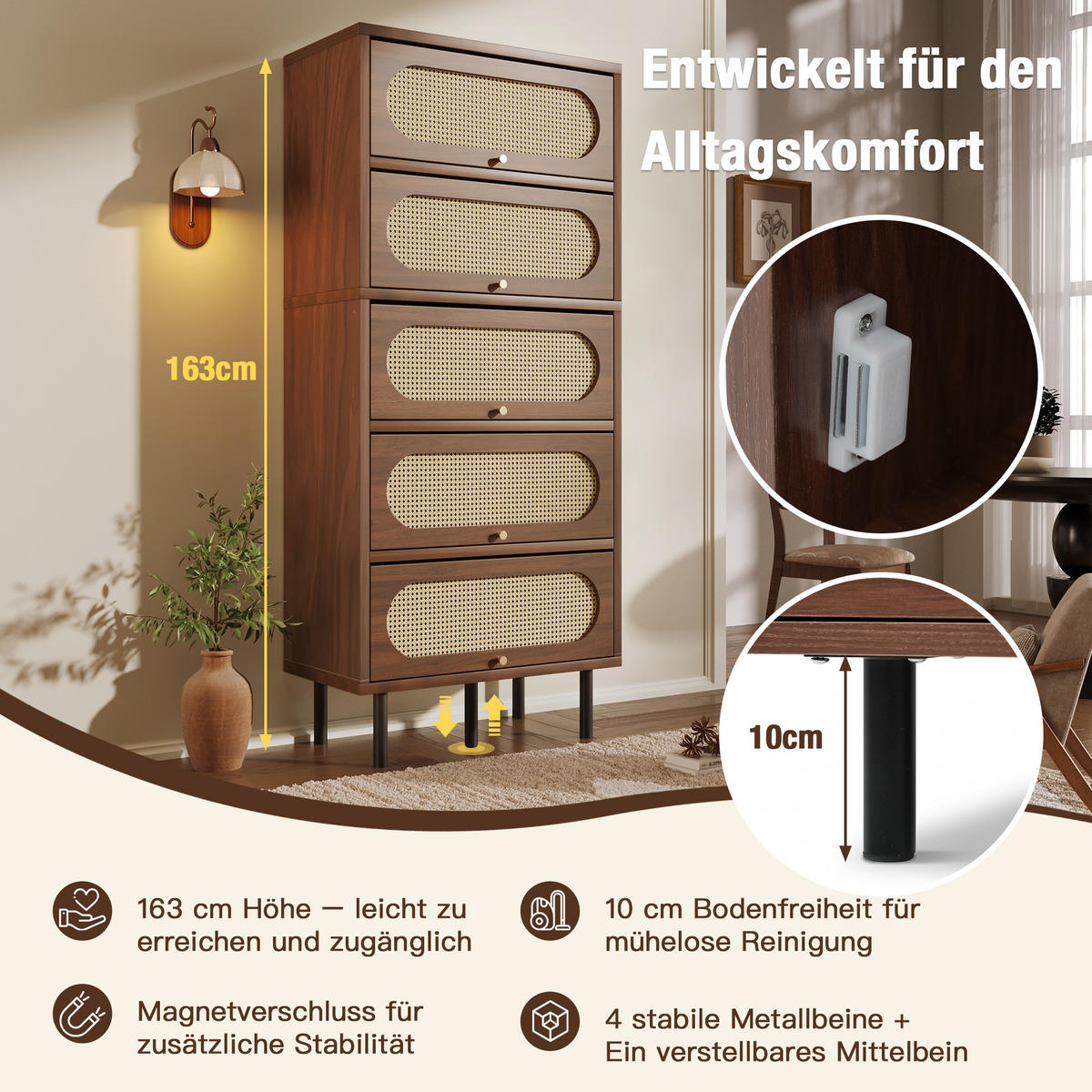 SIDEBOARD aus Holz 80x40x163 cm Nussbaum mit 5 Klappen, Rattan-Front und Metallbeinen - Walnussfarben, Holzwerkstoff (80/163/40cm) - Modfu