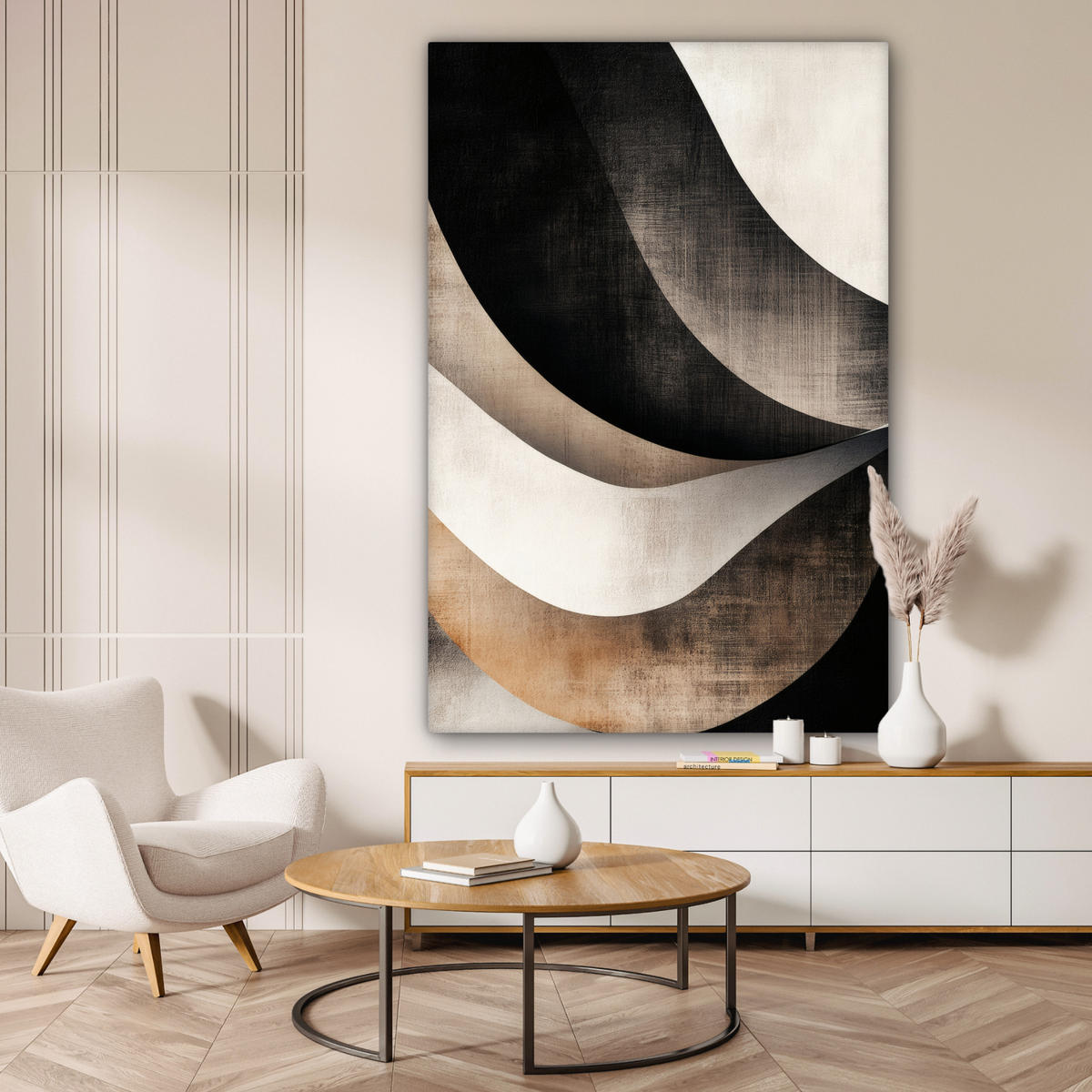 SLIKA NA PLATNU Abstraktno 90x140 cm - barva hrasta tartuf, tekstil (90/140cm) - MuchoWow