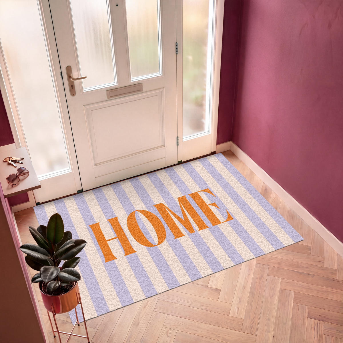 FUSSMATTE Lila – Orange – Streifen – Startseite 180x120 cm - Flieder, Kunststoff (180/0.4cm) - MuchoWow