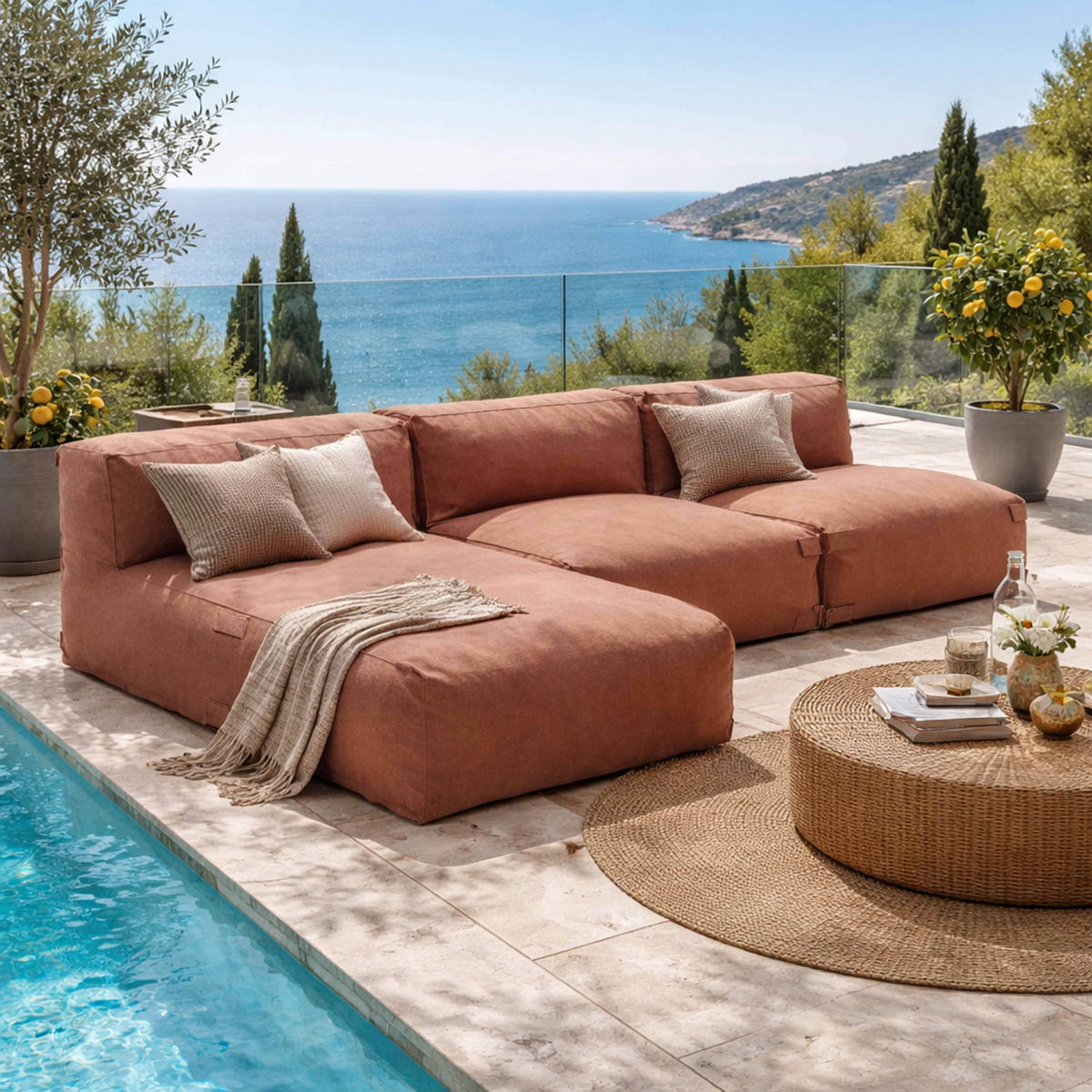 GARTENSOFA mit 3 Sitzplätzen, Terrakotta - Pink, Textil - Oviala