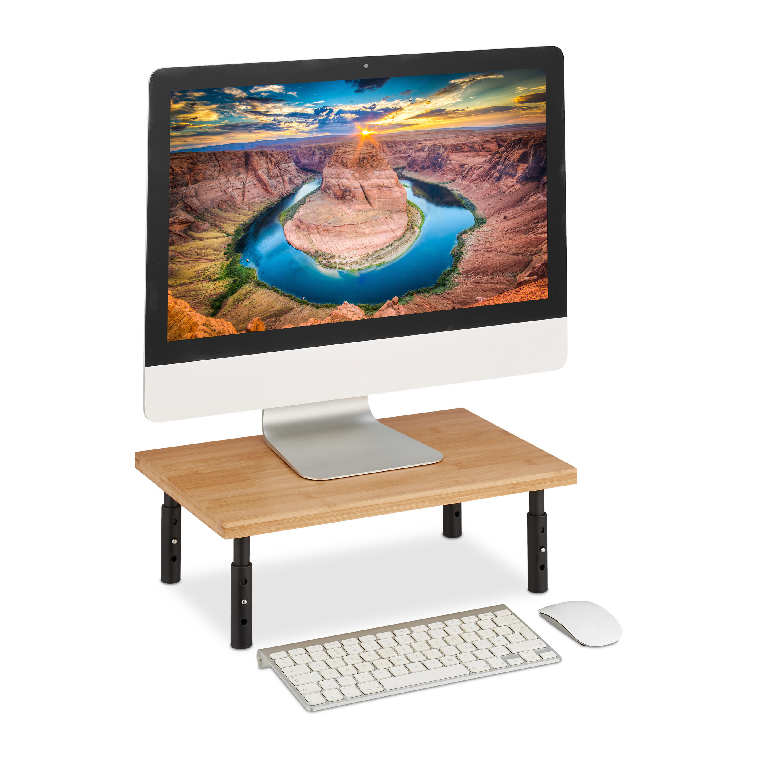 STOJAN na monitor prírodná čierna výškovo nastaviteľný 3 úrovne - svetlohnedá, kov/drevo (26.5/42/16cm) - Relaxdays