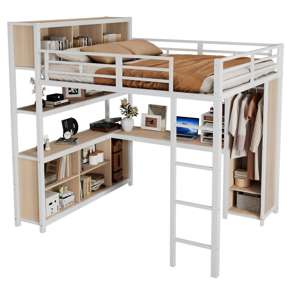 HOCHBETT 140/200 cm aus Metall und Holzwerkstoff mit Schreibtisch und Kleiderschrank Weiß/Natur - Weiß, Metall (140/200cm) - Modenvie