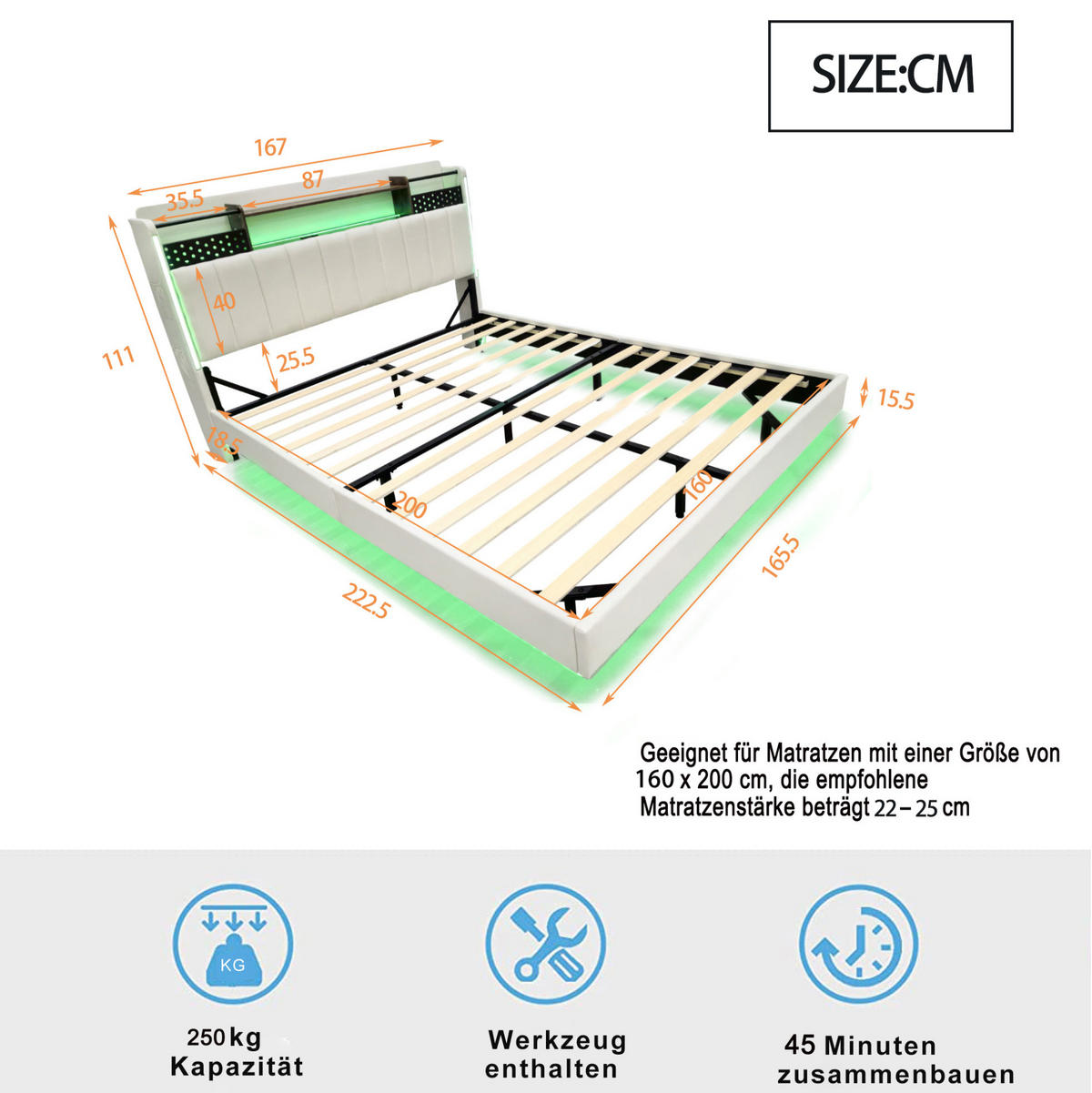 ČALÚNENÁ posteľ z leinenstoffu 160x200 cm béžová s LED osvetlením, USB portom a úložným čelom - béžová, textil (160/200cm) - Modfu