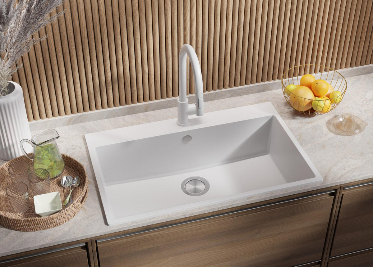 SPÜLBECKEN Riga, 2-er set Weiß 78/50 cm 1 Becken + Ablauf-Set ab 80er Unterschrank - Chromfarben/Weiß, Kunststoff (78/20/50cm) - Primagran