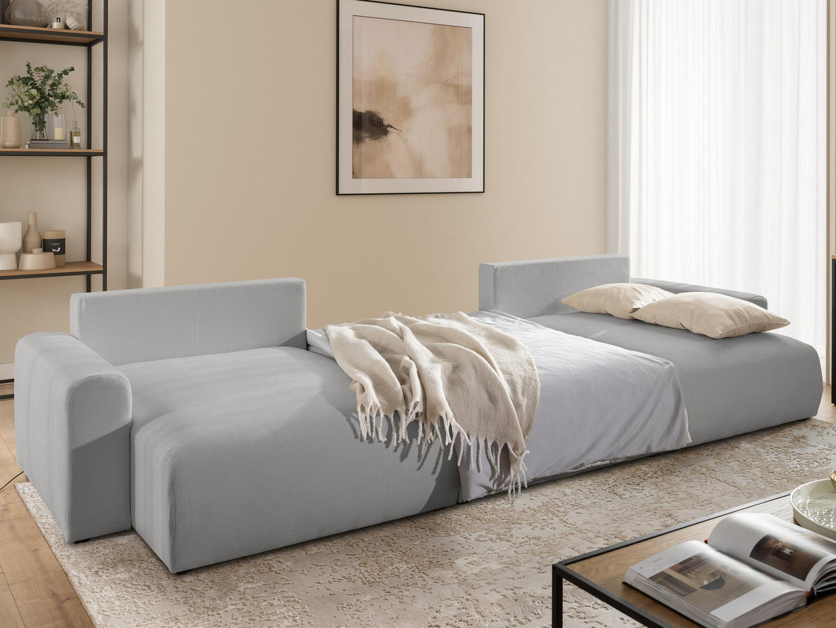 WOHNLANDSCHAFT Calma mit Schlaffunktion und Bettkasten im Bumpy-Design aus weichem Hellgrau Webstoff - Hellgrau/Schwarz, Holz/Textil (336/88/140cm) - S-Style