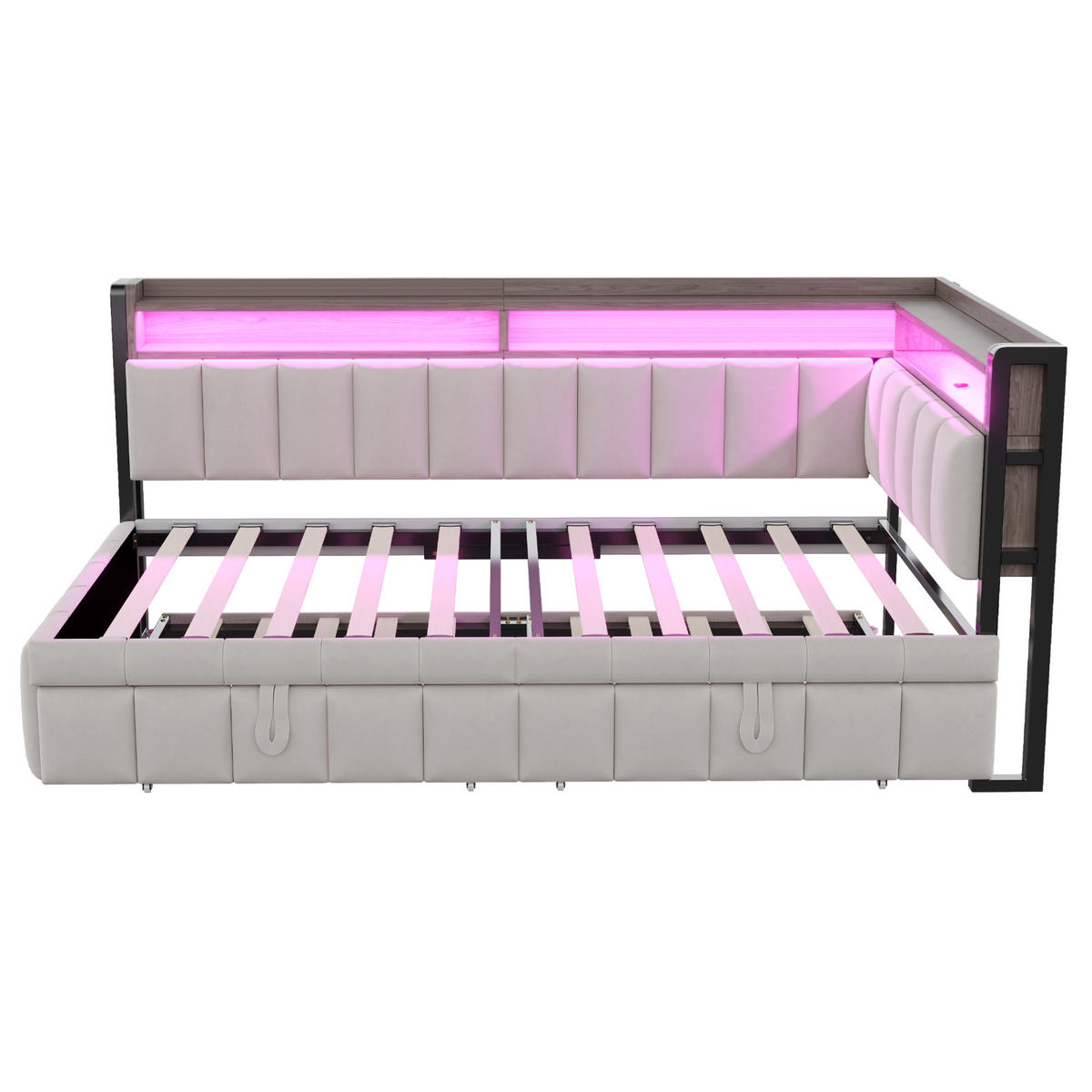 AUSZIEHBETT 90/200 cm ausziehbar mit LED und USB, DE-41717, in Hellgrau - Hellgrau, Metall (90/200cm) - ComfortXL