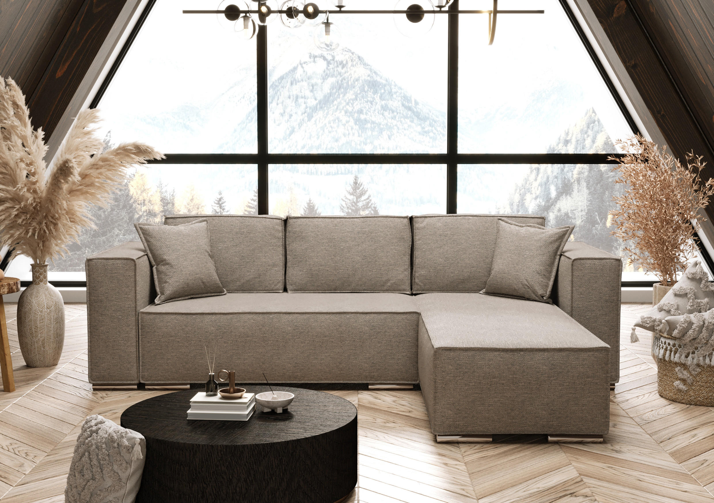 ECKSOFA L Form Vinoria Beige 255/180/82 cm Rechts mit Schlaffunktion - Chromfarben/Beige, Textil/Metall (255/180cm) - AX Living