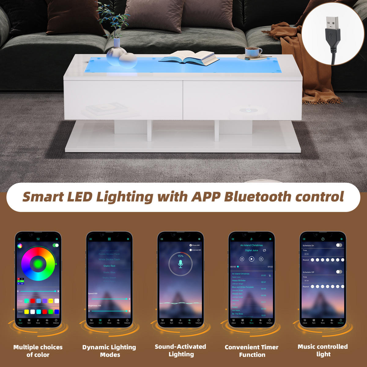 COUCHTISCH aus Spanplatte und gehärtetem Glas 100x50x35 cm Weiß mit 2 Schubladen und LED-Beleuchtung - Weiß, Holzwerkstoff (100/50/35cm) - IVMEU