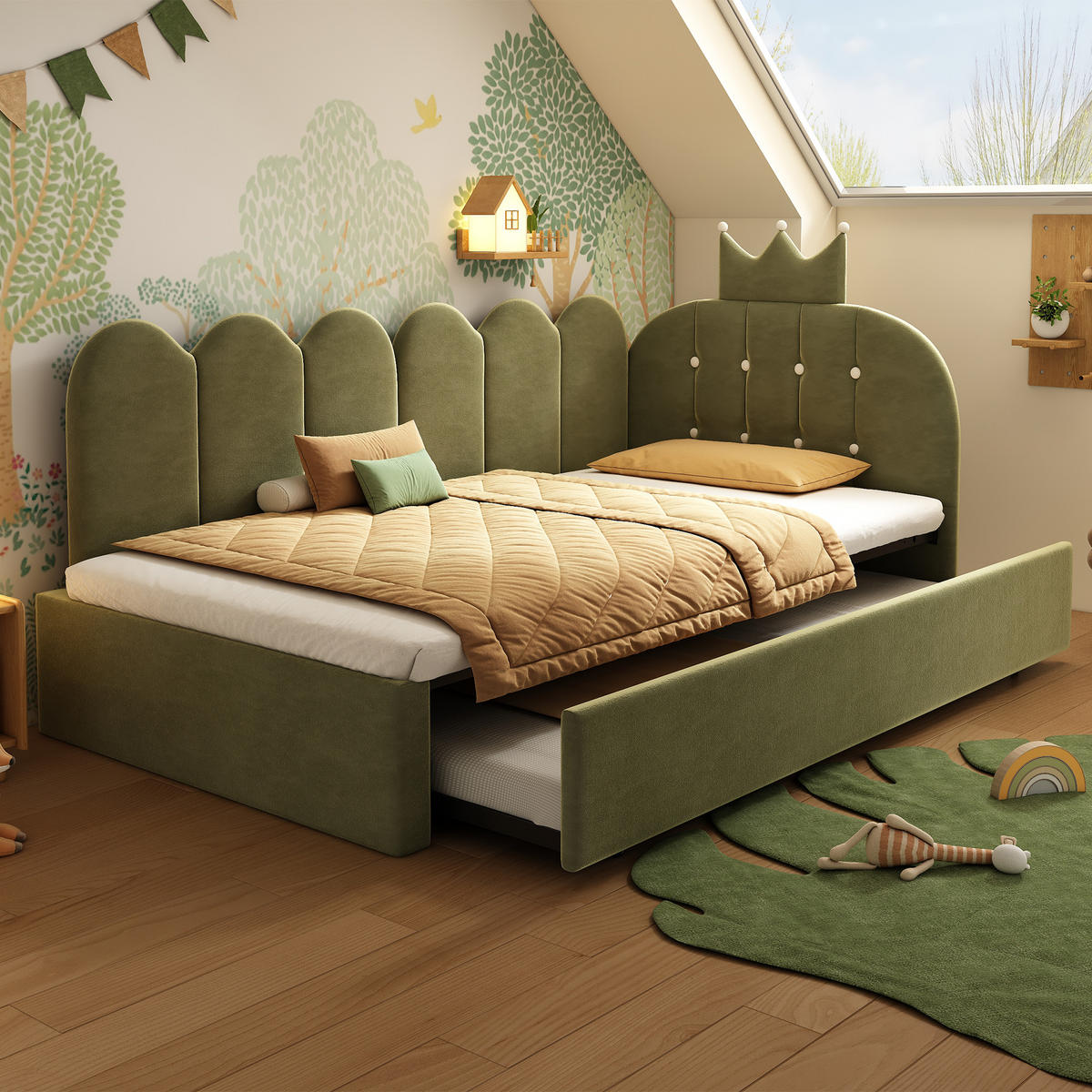 KINDERBETT Kindereinzelbetten 90/200 cm mit Ausziehbett 90/190 cm, L-Form, Kronen- und Gitterdesign aus Samt, Grün - Grün, Textil (90/200cm) - Redom