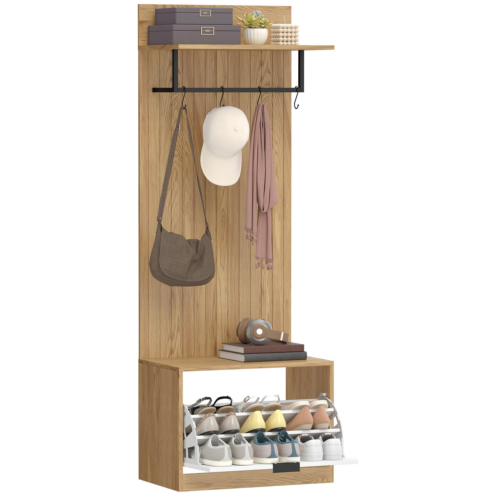 GARDEROBE DE-17895 5-in-1 mit klappbarer Schuhbank Eiche - Eichefarben, Holzwerkstoff (30/170/60cm) - ComfortXL