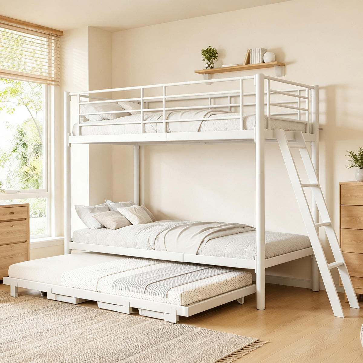 METALL-ETAGENBETT 90 x 200 mit Ausziehbett, Weiß - Weiß, Holz (90/200cm) - FLIEKS