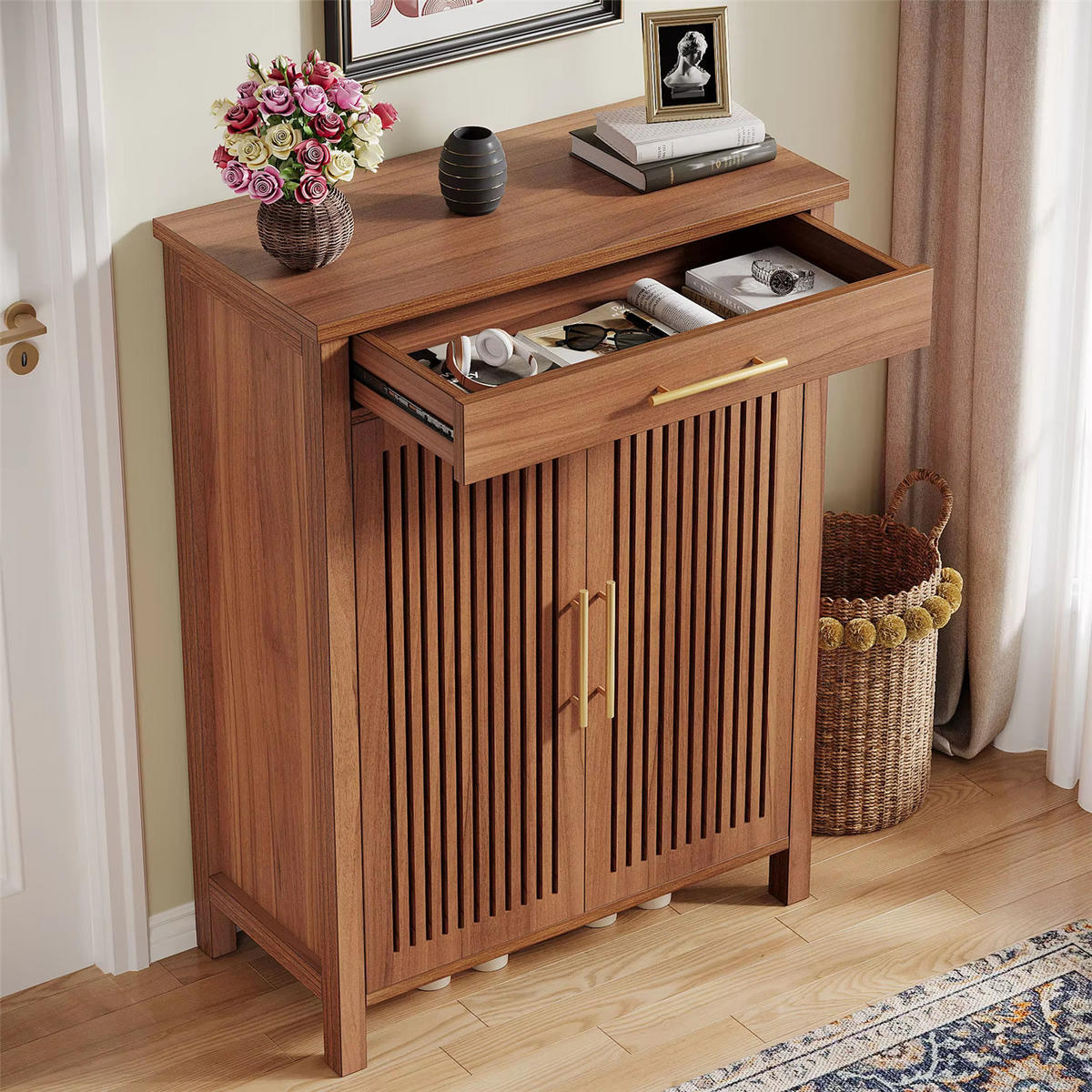 SCHUHSCHRANK mit Schublade & Lamellentüren - Braun, Holz (80/109/36cm) - Kaket