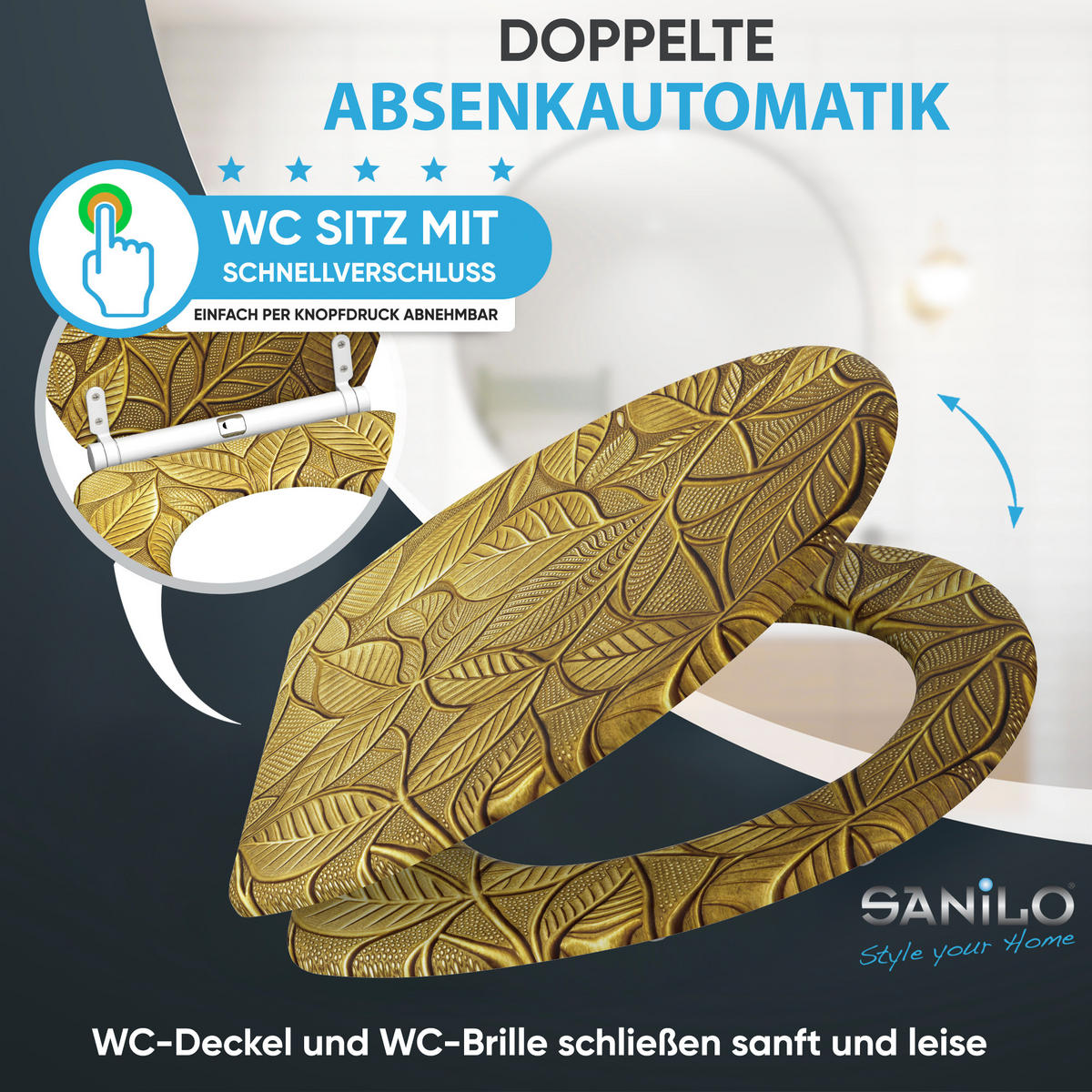 WC-SITZ mit Absenkautomatik & Top Fix Bractea - Goldfarben, Holzwerkstoff (37.7/5.5/48cm) - Sanilo