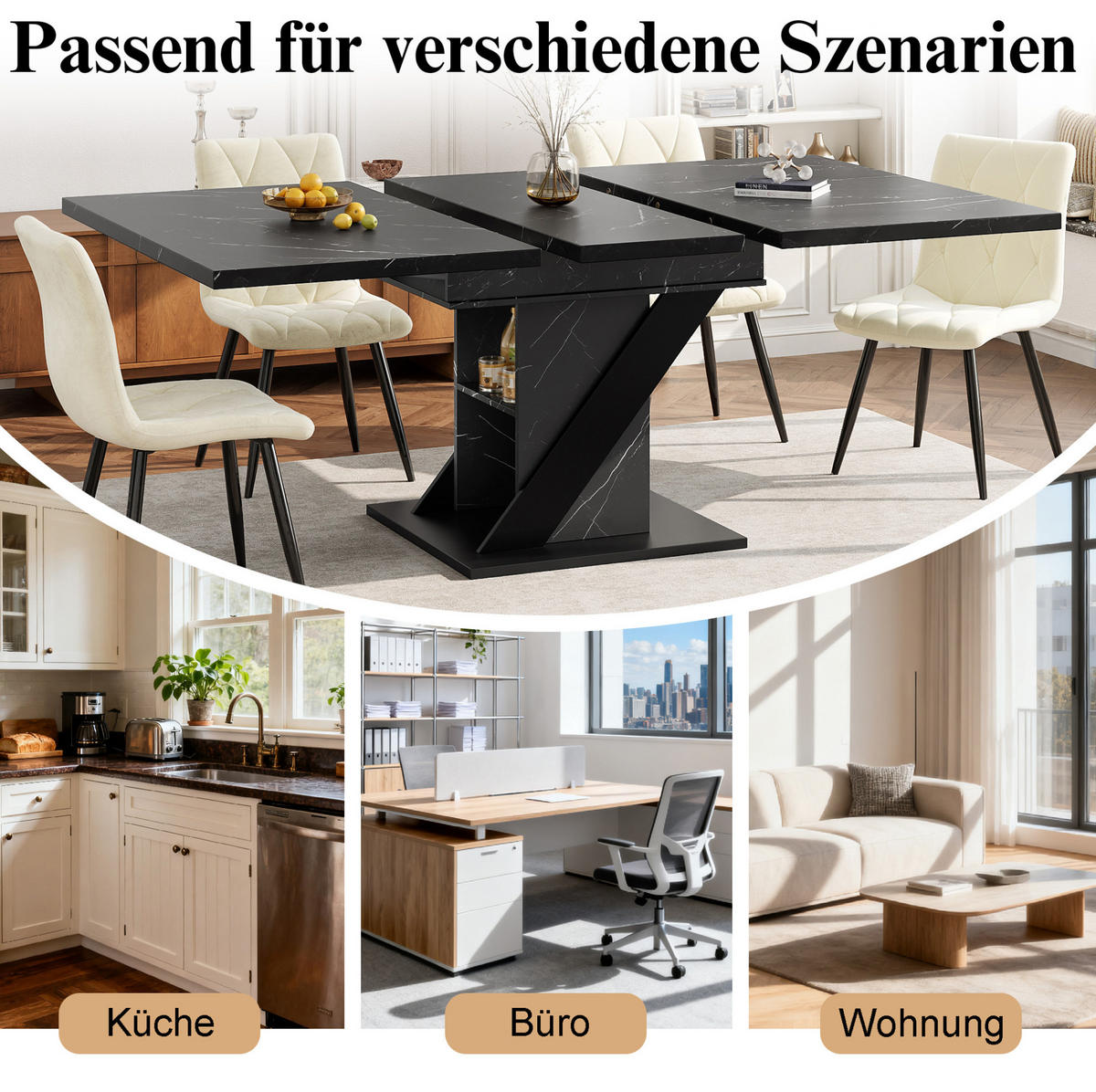 AUSZIEHBARER Esstisch aus MDF, 110-140/80/75 cm, Schwarz, mit Metallgestell - Schwarz, Holzwerkstoff (110/80/75cm) - Redom