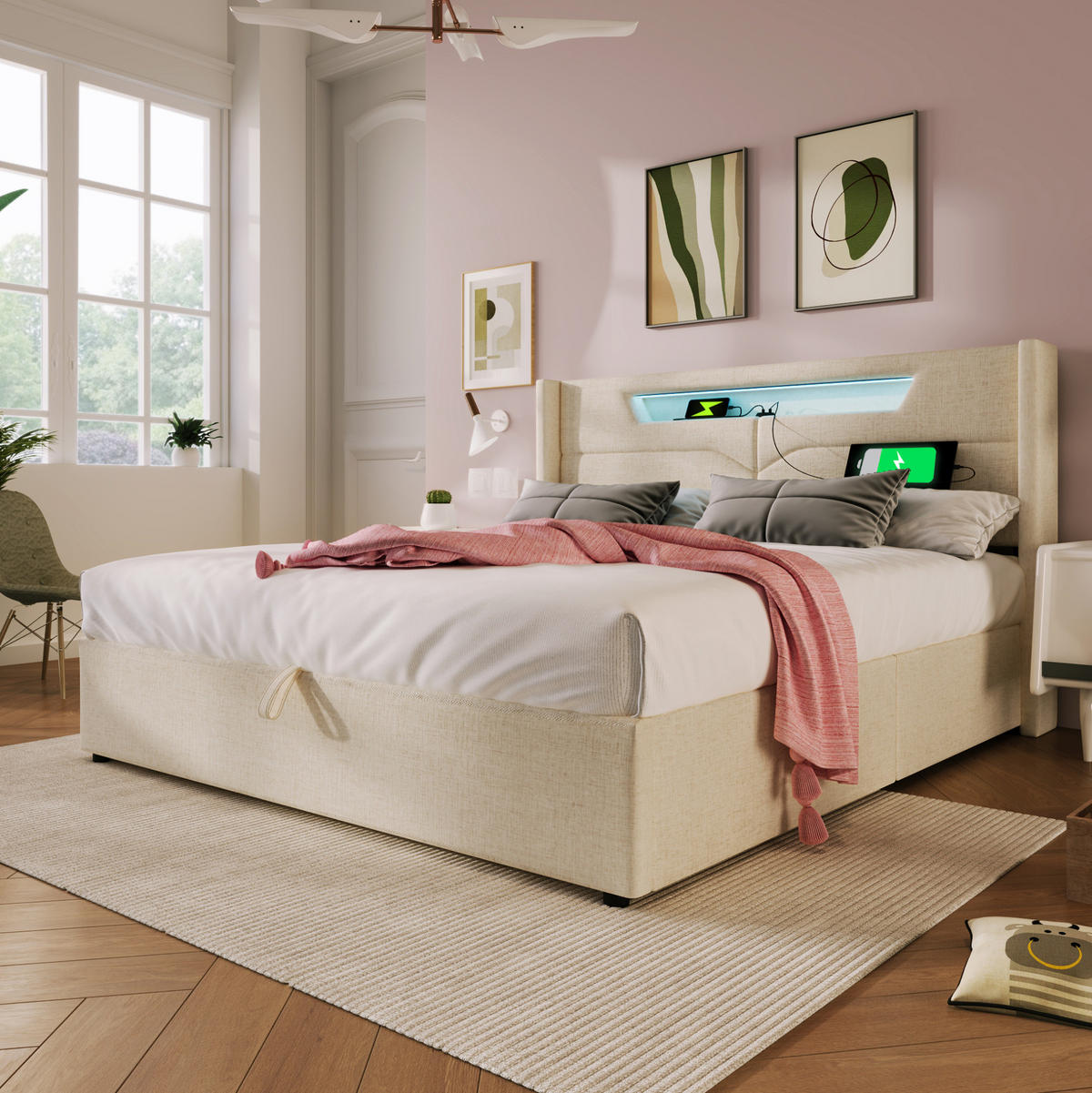 POLSTERBETT 160/200 cm Beige mit Stauraum, LED-Beleuchtung und USB-/Type-C-Anschlüssen - Beige, Textil (160/200cm) - Flora Grace