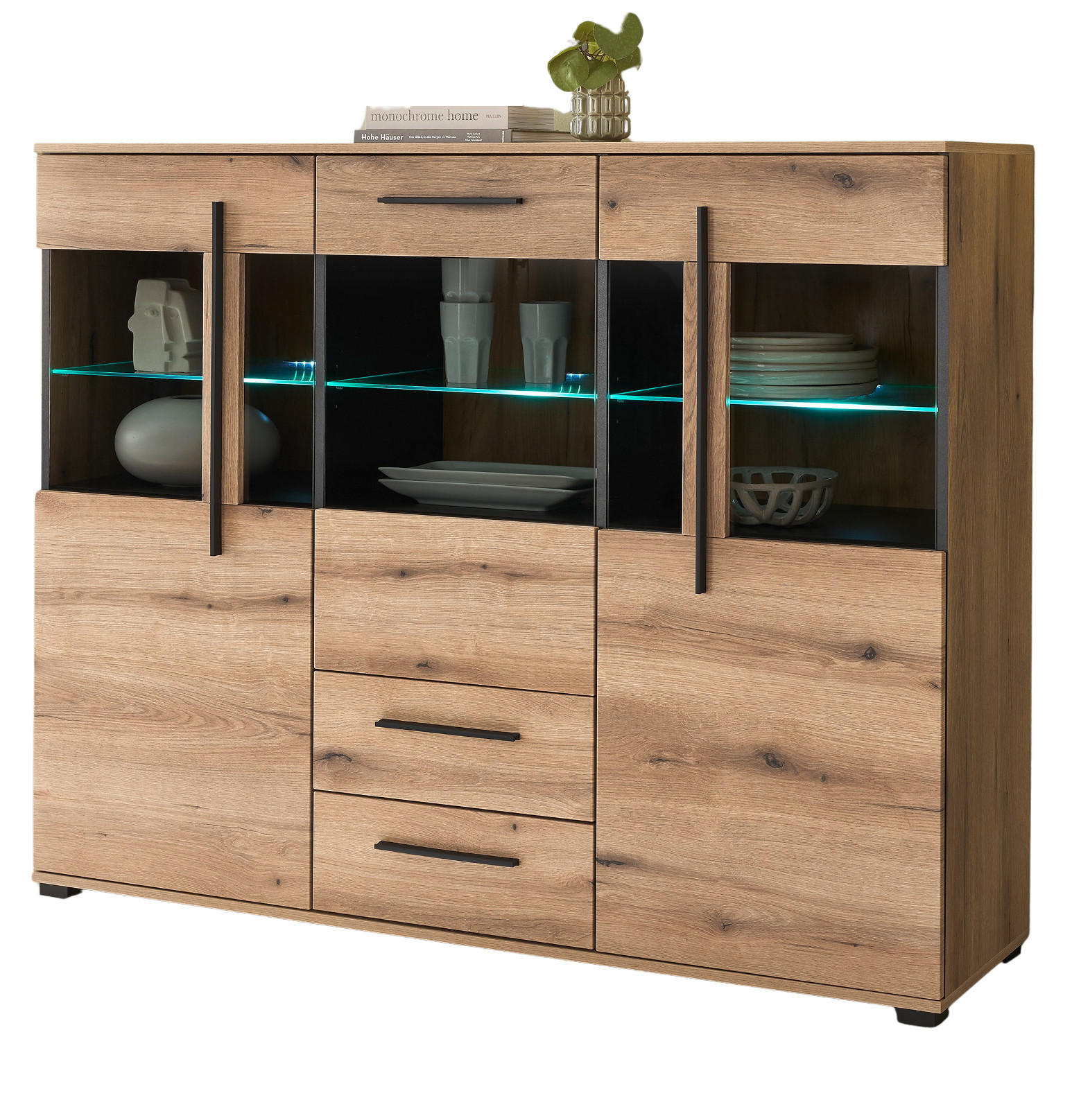 HIGHBOARD Eiche Evoke, Anrichte 160 cm mit Beleuchtung - Eichefarben/Schwarz, Glas/Holzwerkstoff (160/126/42cm) - Furn.Design