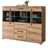 HIGHBOARD Eiche Evoke, Anrichte 160 cm mit Beleuchtung - Eichefarben/Schwarz, Glas/Holzwerkstoff (160/126/42cm) - Furn.Design