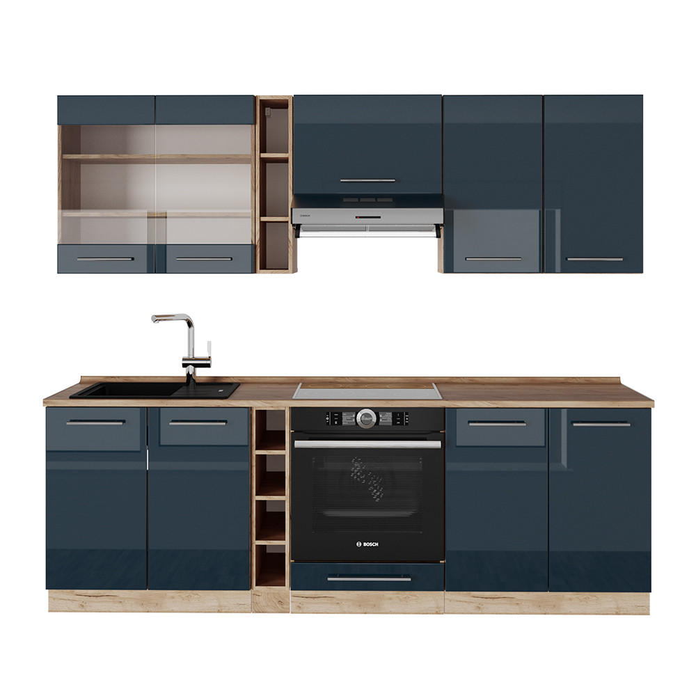 KÜCHENZEILE Fame-Line Dunkelblau Hochglanz/Goldkraft Eiche 235 cm ohne AP - Eiche Wotan/Dunkelblau, Holzwerkstoff (235/81.6/46cm) - Vicco