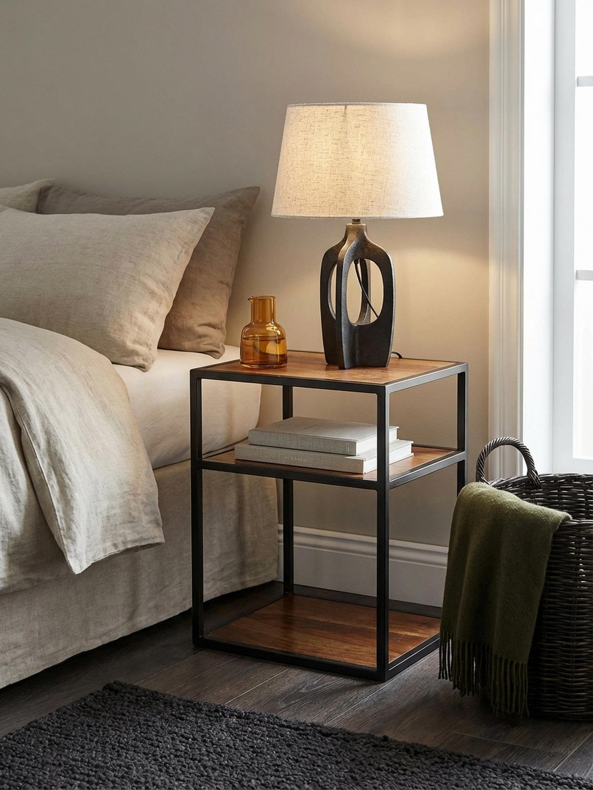 NACHTTISCH – Massivholz, 40x50x35 cm, 3 Ablagen, Industrial-Stil - Schwarz/Braun, Holz/Metall (40/50/35cm) - KADIMA DESIGN