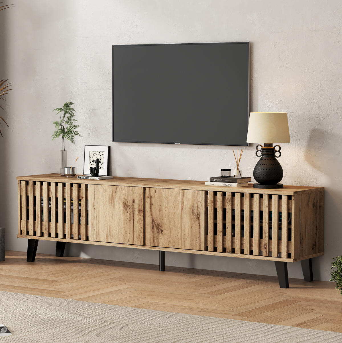 TV-LOWBOARD aus Spanplatte 180x40x55 cm Naturholz mit 8 Fächern und 4 Türen - Hellbraun, Holzwerkstoff (180/55/40cm) - IVMEU