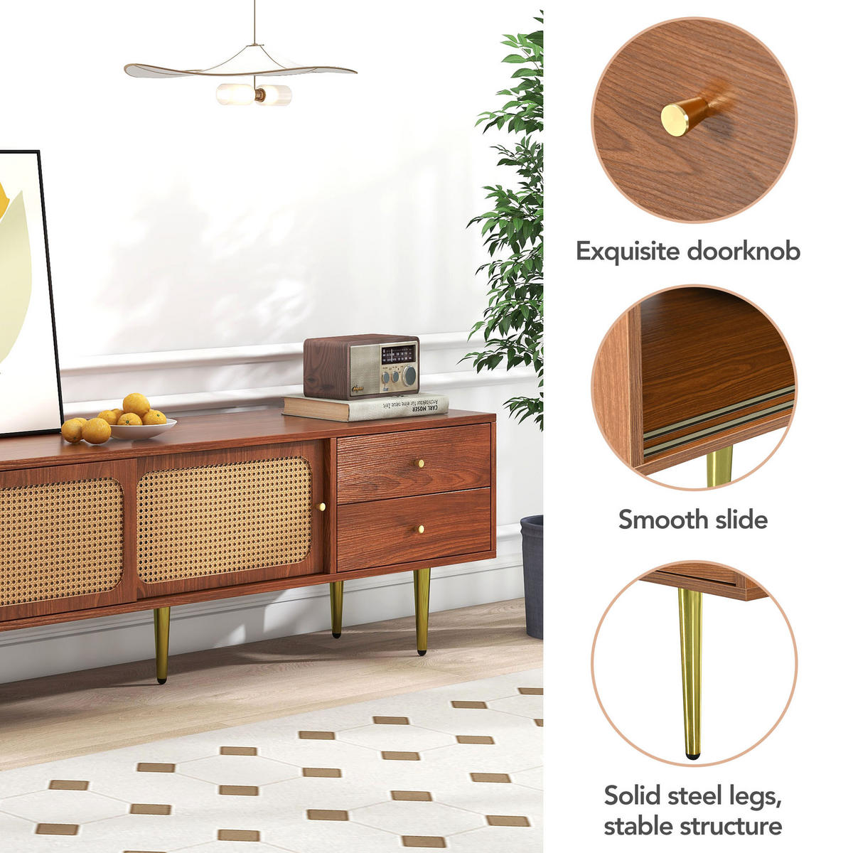 TV-SCHRANK in Walnuss mit Schiebetüren in Rattan-Optik 160/40/60 cm - Walnussfarben, Holzwerkstoff (160/60/40cm) - Redom