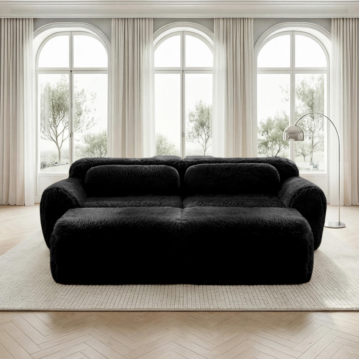 2-SITZER SOFA Plüsch Schwarz mit 2 Ottomanen - Schwarz, Textil (204/73/179cm) - WISHDOR