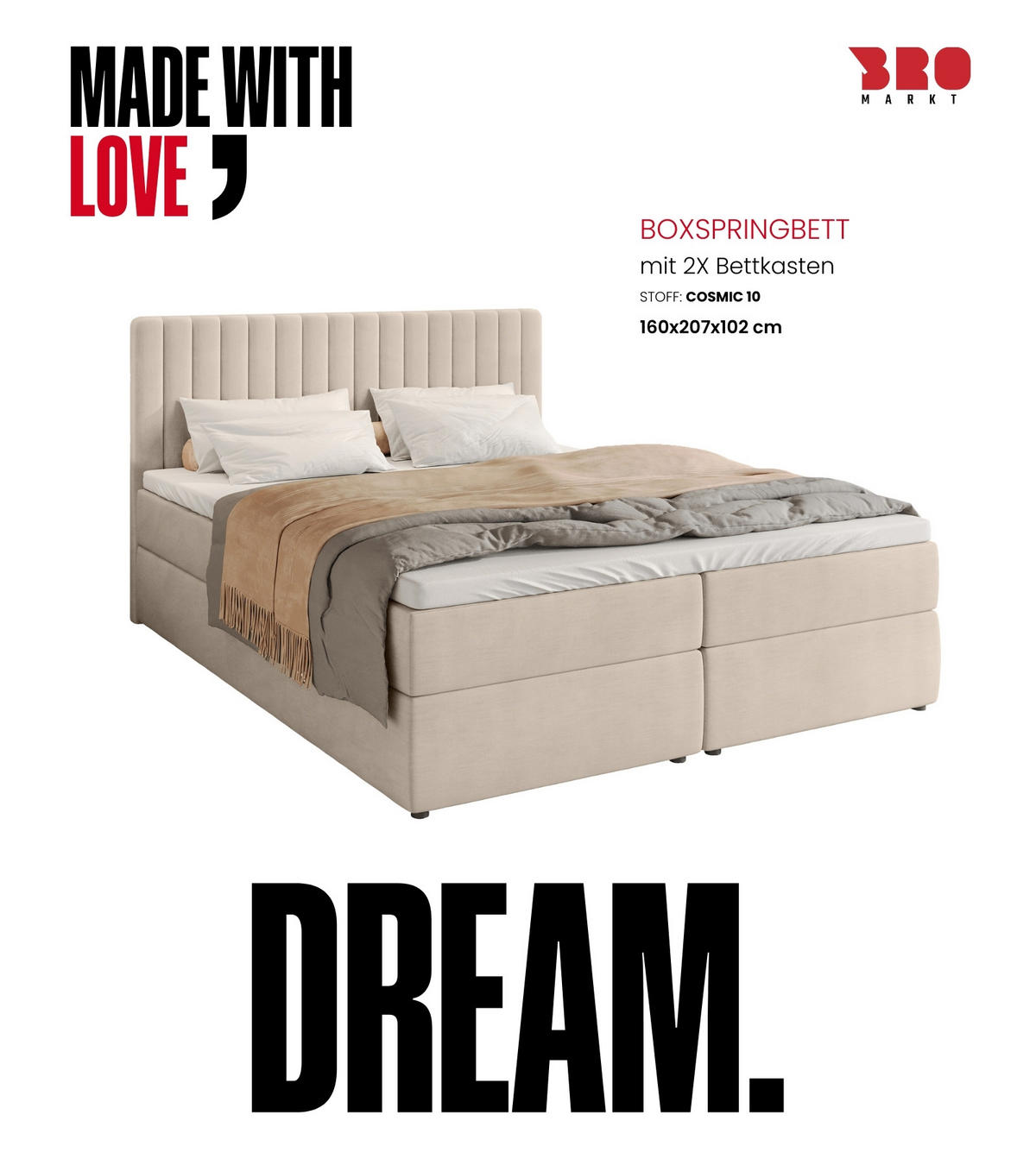 BOXBETT Dream mit Topper 160/200 Ecru - Ecru, Holzwerkstoff/Textil (160/200cm) - Bromarkt