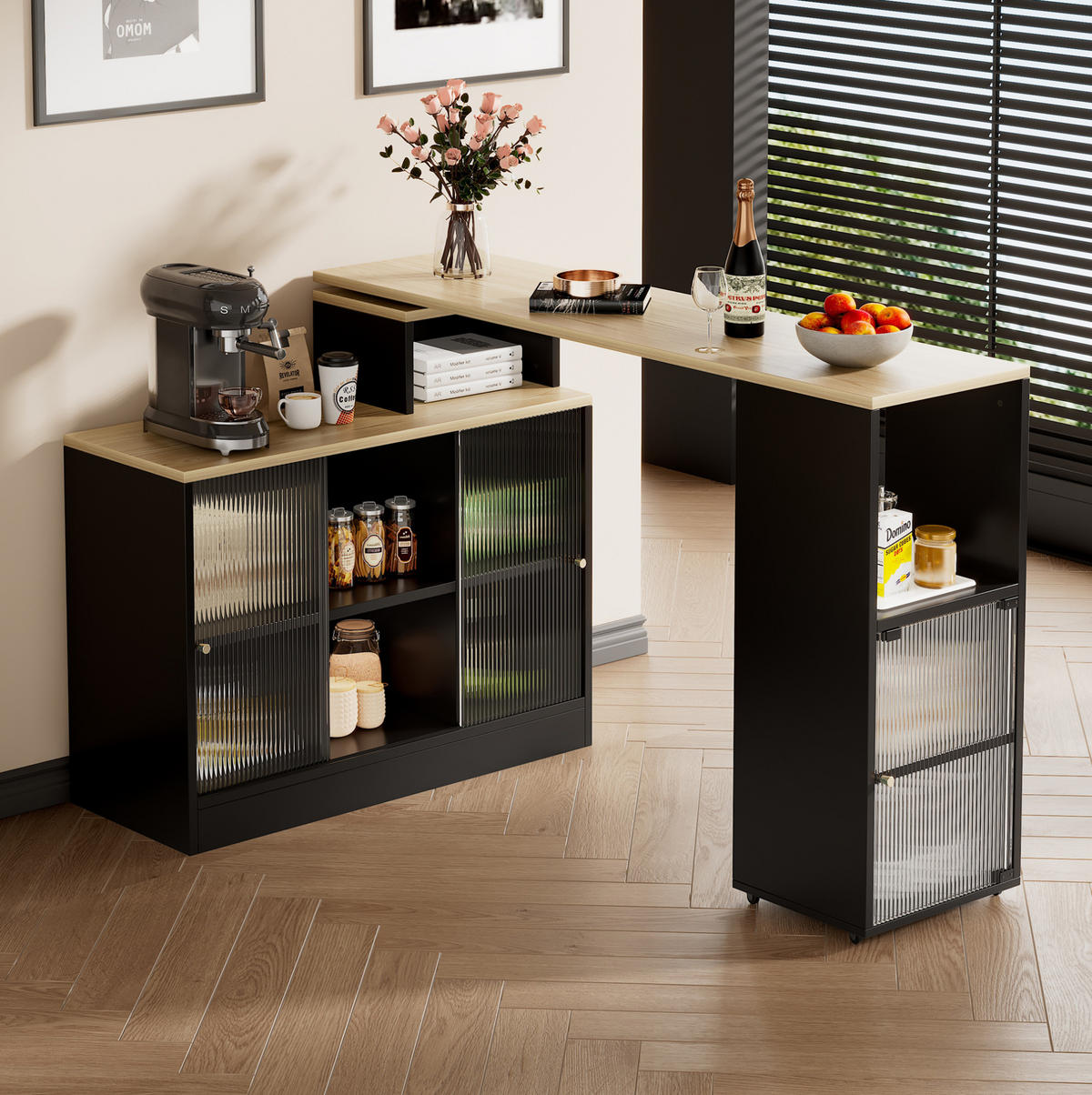 MULTIFUNKTIONALER Kücheninsel 155x40x90cm Schwarz aus MDF/Glas mit Schiebetüren - Schwarz, Holzwerkstoff (155/90/40cm) - Modfu