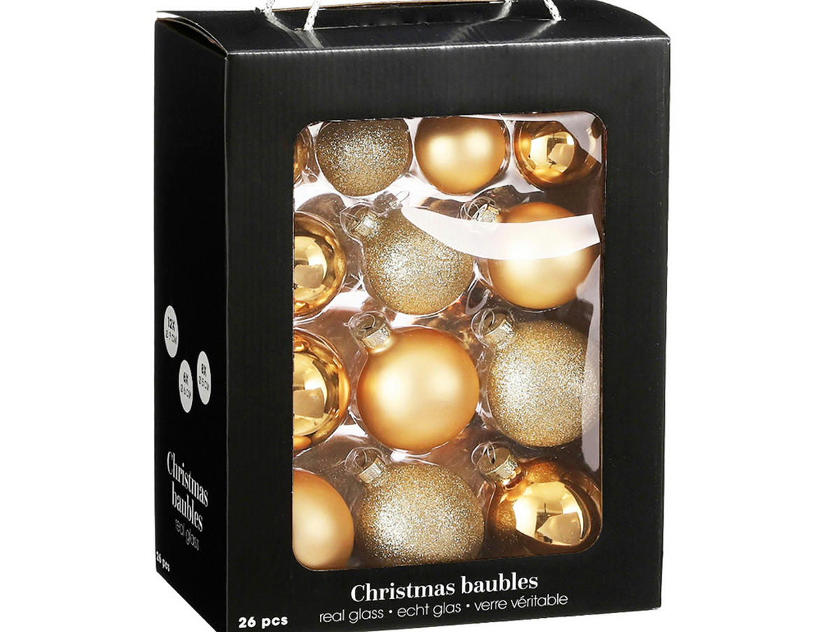 WEIHNACHTSKUGELN 26er-Set gold aus Glas verschiedene Designs, 5-7 cm - Goldfarben, Glas (30/30/50cm) - LAALU