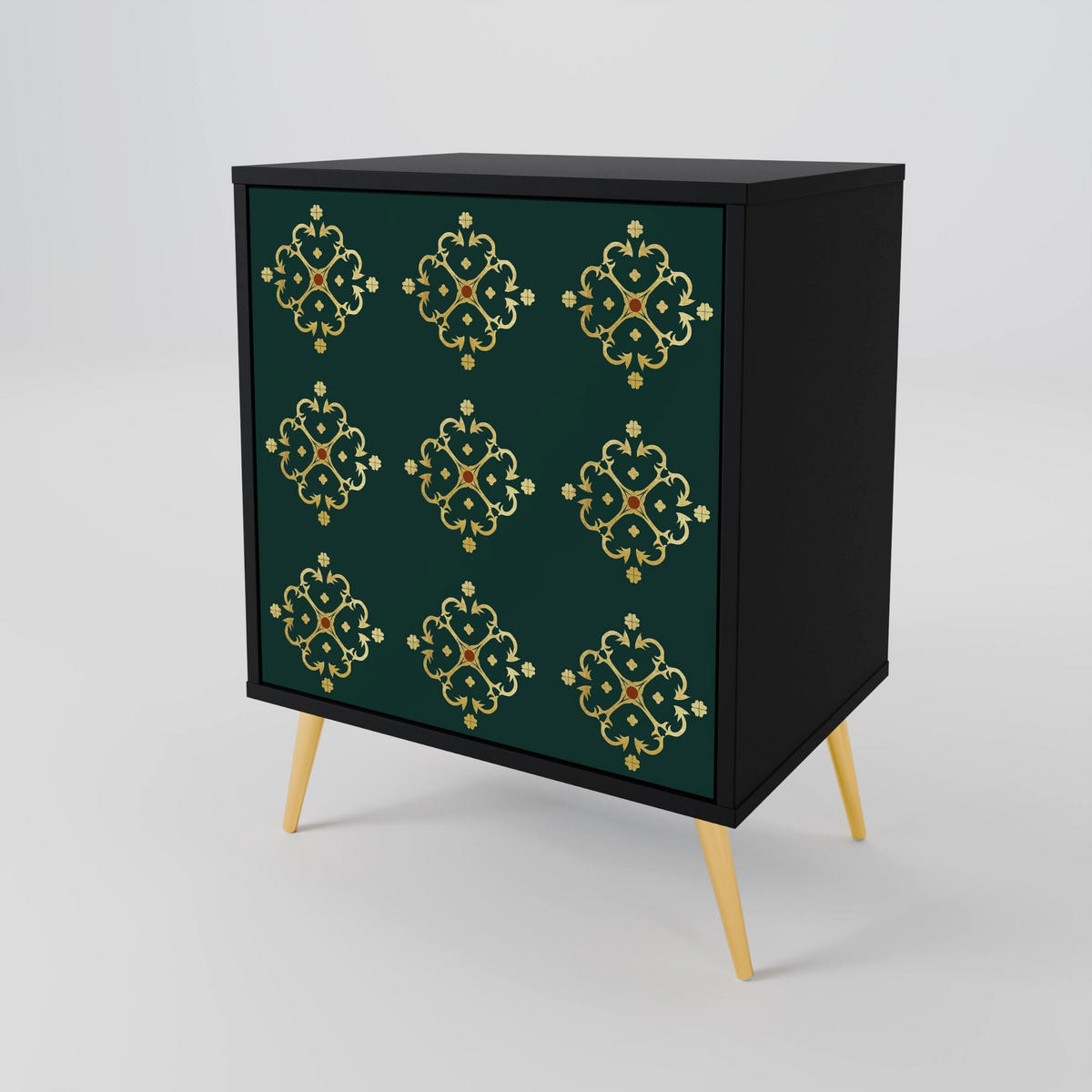 SIDEBOARD ROYAL MEDALLION, Schwarz, 57,5x42x67,5 cm, Schwarze Metall-Rahmenfüße - Multicolor/Schwarz, Holzwerkstoff/Metall (57.5/67.5/42cm) - SpaceRebels