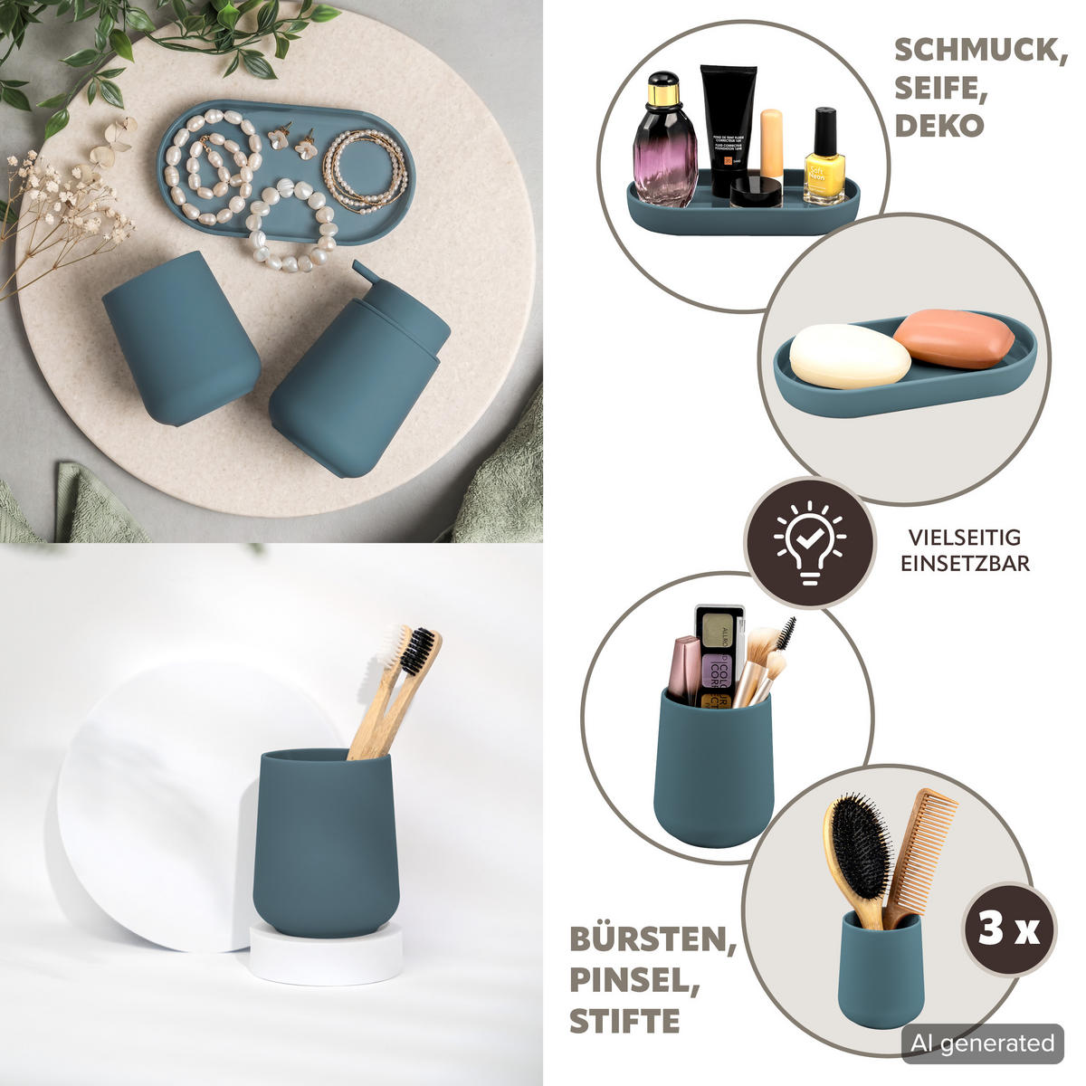 BAD-ACCESSOIRES-SET TESERO 5tlg., Soft-Touch, blau - Blau, Kunststoff (8.5/12/9cm) - eluno