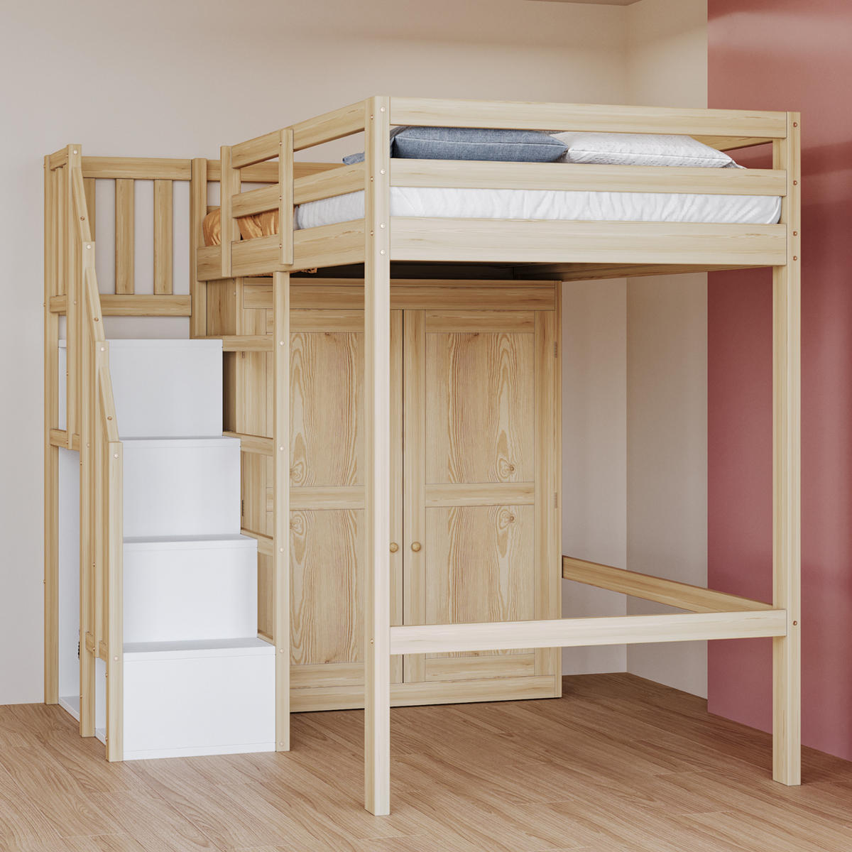 HOCHBETT 90/200 cm in Naturfarbe mit Kleiderschrank und Stauraumtreppe - Naturfarben, Holzwerkstoff (90/200cm) - Flora Grace