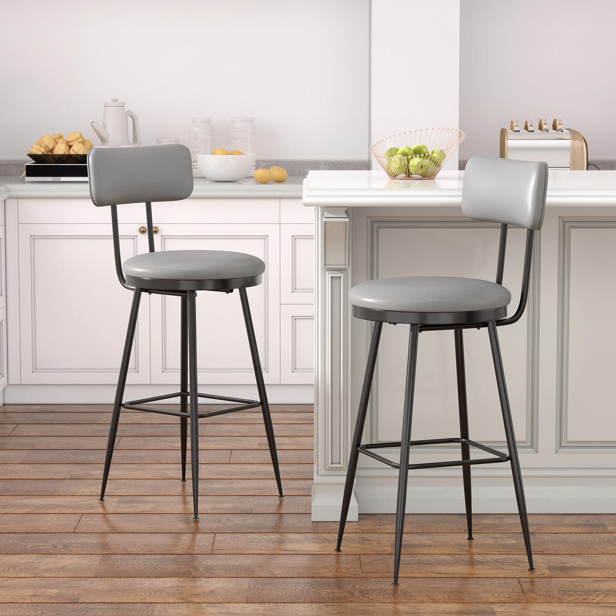 BARHOCKER 2er Set Metallgestell Kunstleder Rückenlehne Fußstütze 65 cm grau - Grau, Holz (38/85.5/38cm) - Fortuna Lai