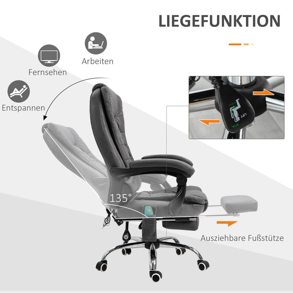 BÜROSTUHL mit Massagefunktion, Ergonomisch Schreibtischstuhl mit Liegefunktion - Blau/Silberfarben, Kunststoff/Textil (70/119/65cm) - Vinsetto