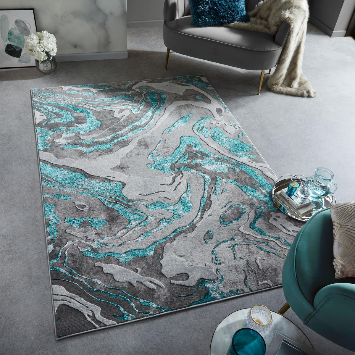 TEPPICH Marmor-Design, metallisch OUSE JOY, Grün-Grau 200x290 cm - Grün, Textil (200/290cm) - KADIMA DESIGN