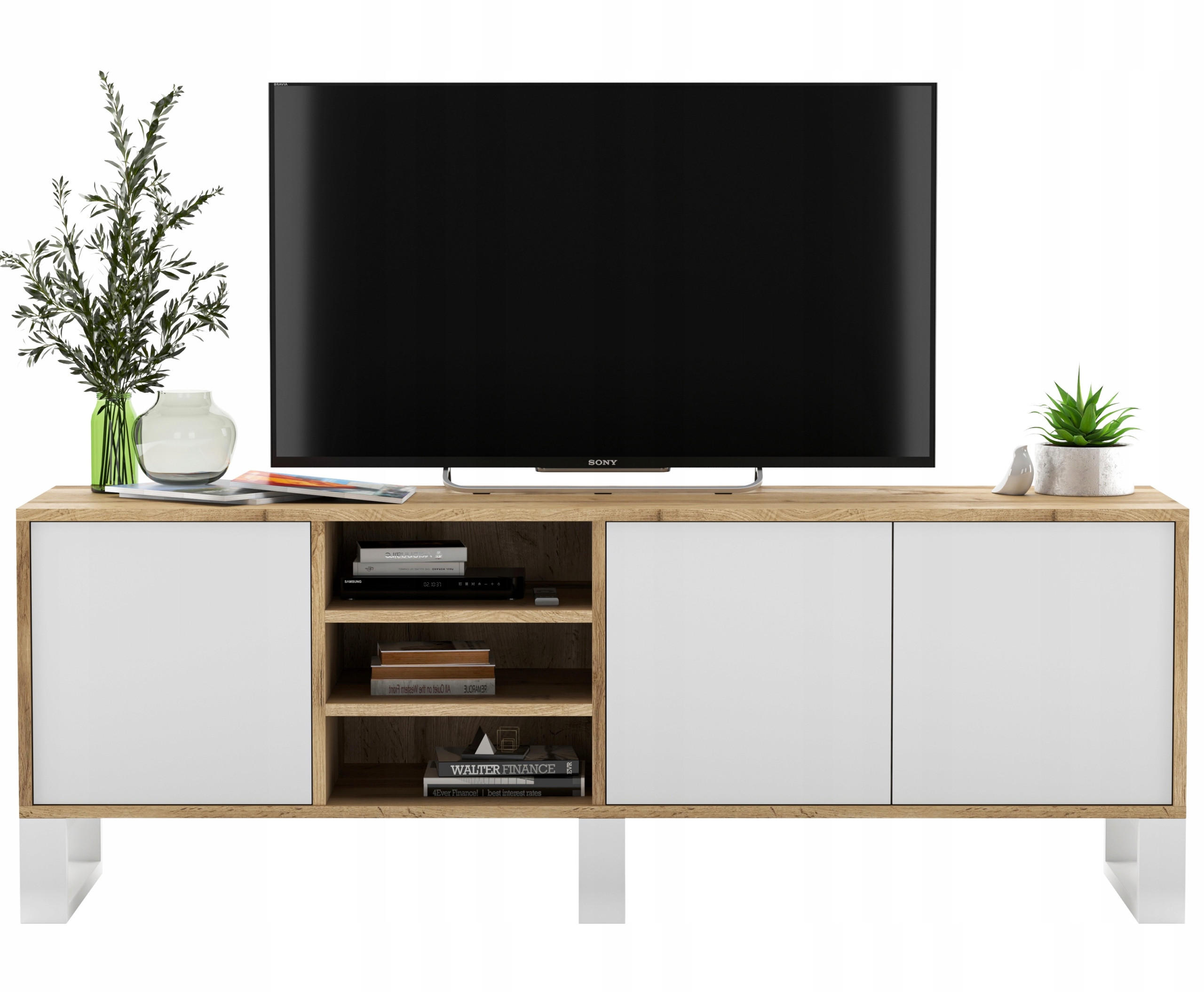 Meble Lindner TV stolek Apollo dub Wotan / bílá matná 150 cm s kovovými nohami