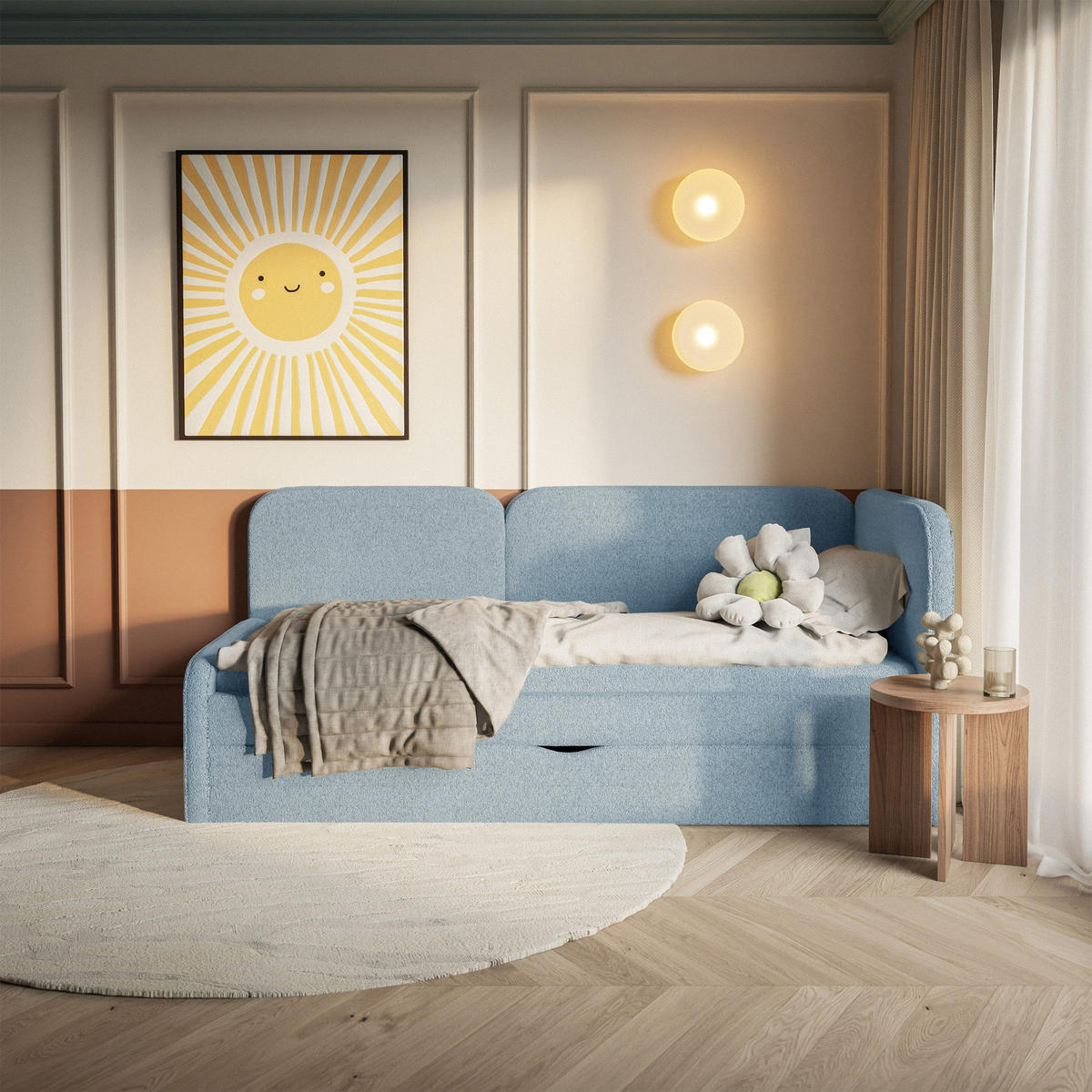 ČALOUNĚNÁ postel Cuddy, čelo vpravo, plyšová látka světle modrá, 90x200 cm - černá/světle modrá, textil/plast (90/200cm) - Selsey