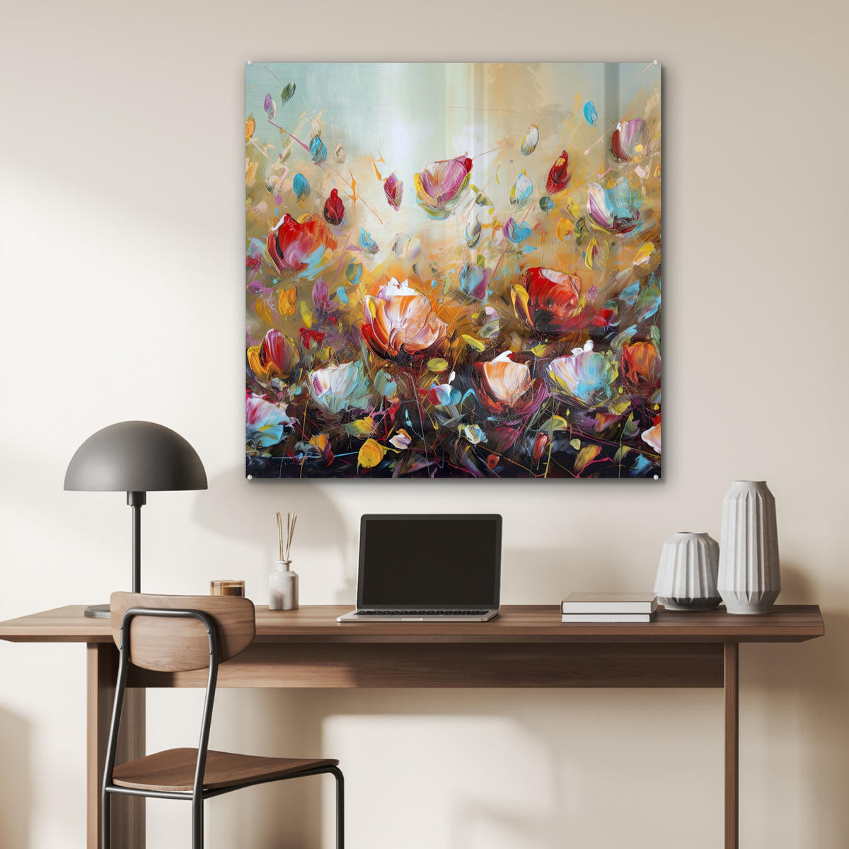 OBRAZ NA AKRYLOVOM SKLE Kvety - Umenie - Príroda - Olejomaľba 90x90 cm - viacfarebná, sklo (90/90cm) - MuchoWow