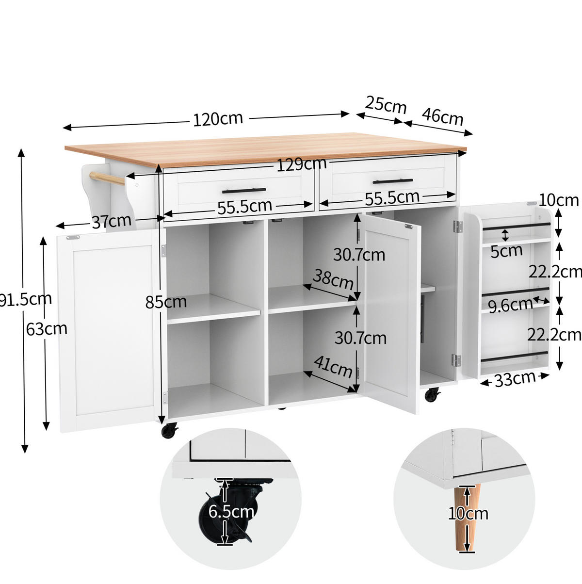 KÜCHENINSEL 129/46(71)/91,5 cm mit klappbarer Arbeitsplatte, Schubladen, Rollen und wechselbaren Füßen, Weiß - Weiß, Holzwerkstoff (120/91.5/46cm) - Redom