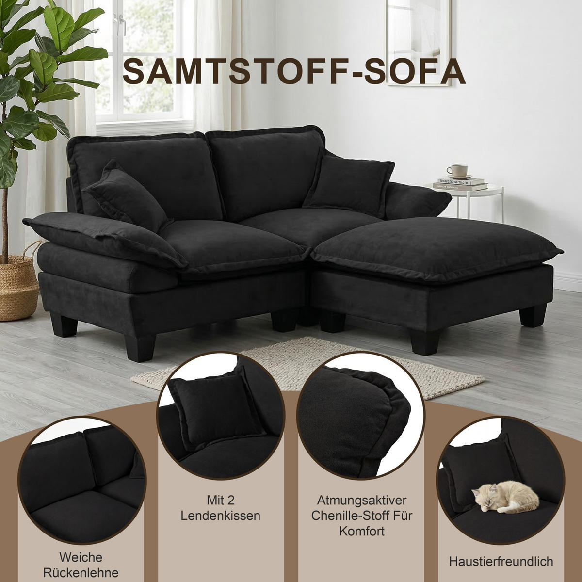 2-SITZER Sofa 194/82/90 cm mit abnehmbaren Armlehnen und Chenille-Bezug, Schwarz - Schwarz, Textil (194/90/82cm) - Redom