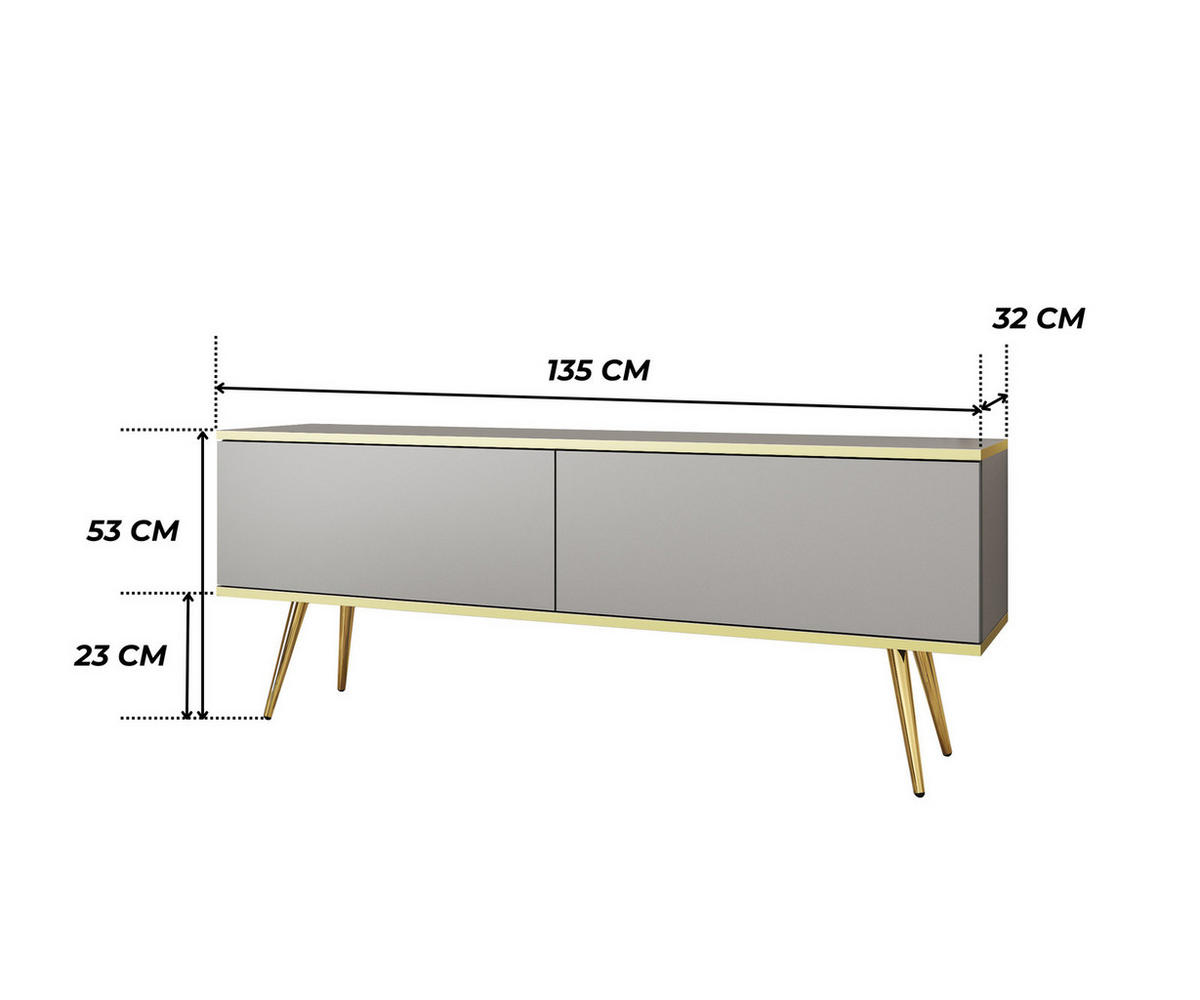 TV-LOWBOARD FORNO (Grau, Goldene Details, 2 Türen, goldene Metallfüße, 135 cm) - Gelb/Goldfarben, Holz/Holzwerkstoff (135/53/32cm) - Ravio
