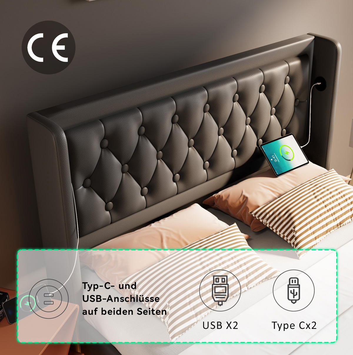 POLSTERBETT 140/200 cm Schwarz aus PU mit Stauraum, LED und USB Typ-C - Schwarz, Kunststoff (140/200cm) - OKMYHOME