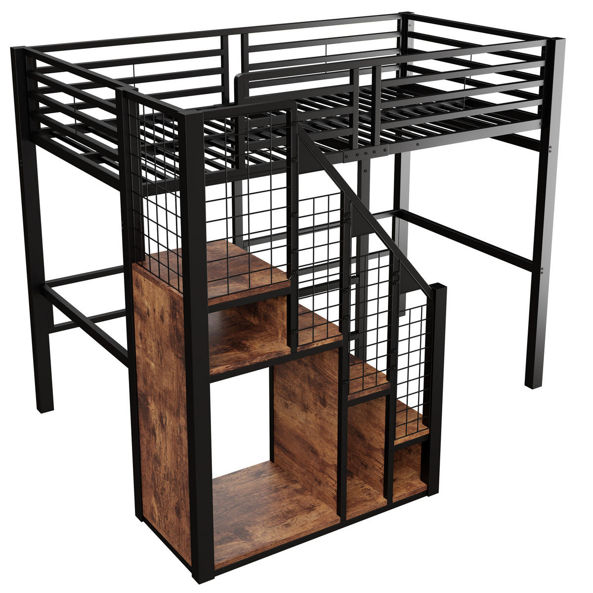 HOCHBETT aus Metall 90x200 cm in Schwarz mit Treppe & Stauraum - Schwarz, Metall (90/200cm) - Modfu