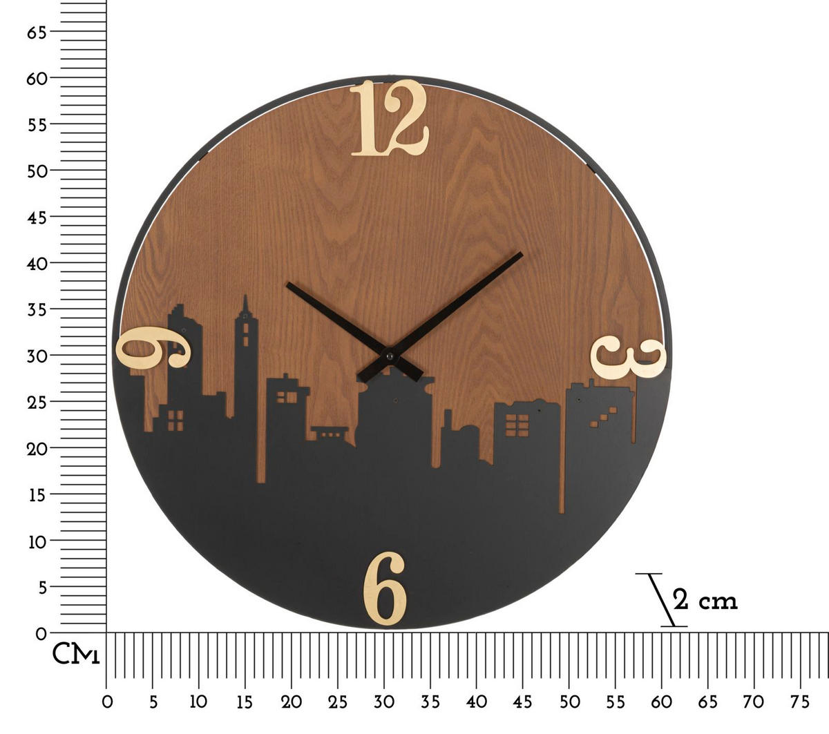 WANDUHR City, schwarz, braun und goldfarben, Eisen und MDF, 60 x 2 x 60 cm - Goldfarben/Schwarz, Holzwerkstoff/Metall (60/60/2cm) - Mauro Ferretti