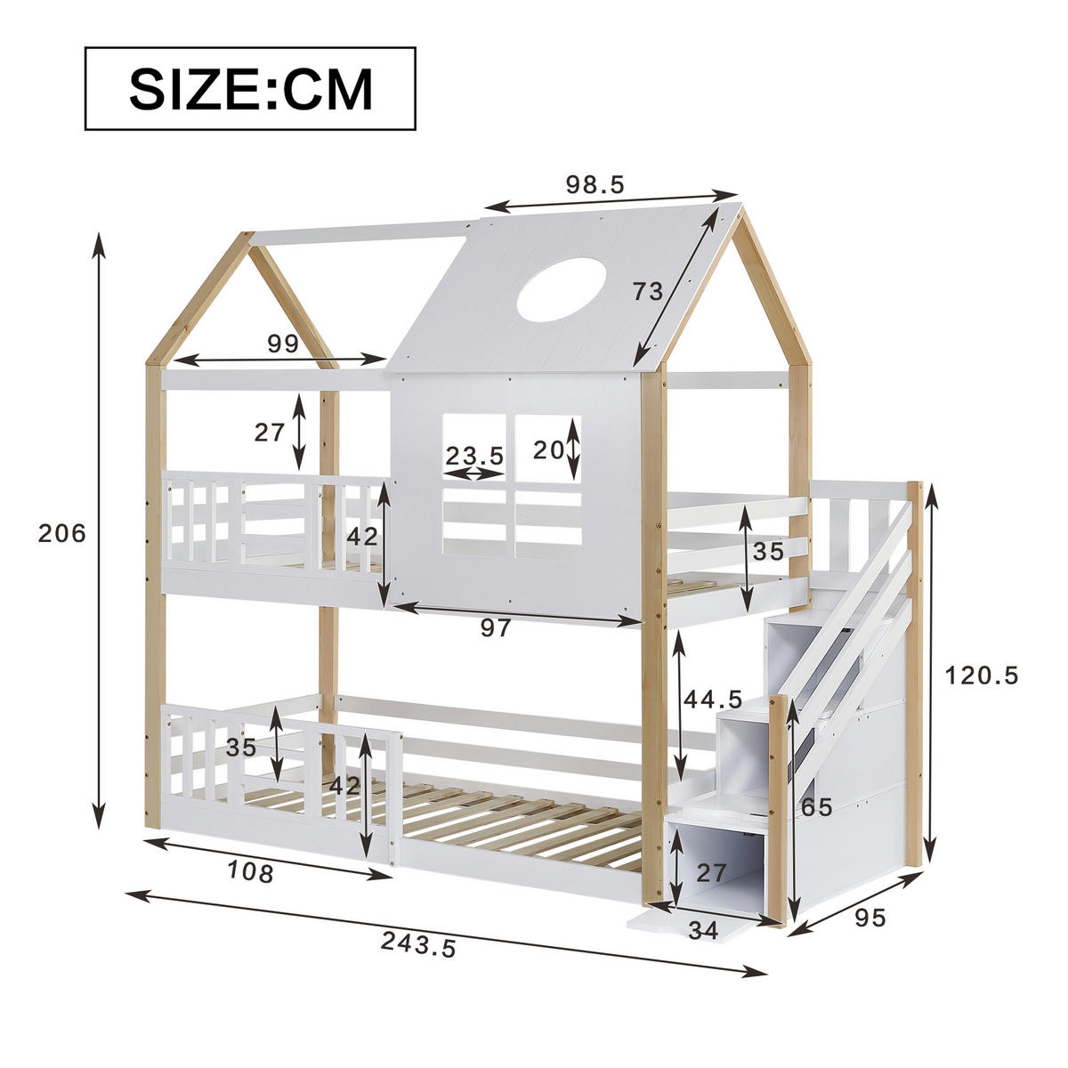 ETAGENBETT 90x200 cm Haus Treppe weiß - Weiß, Holz (90/200cm) - LEBENLANG